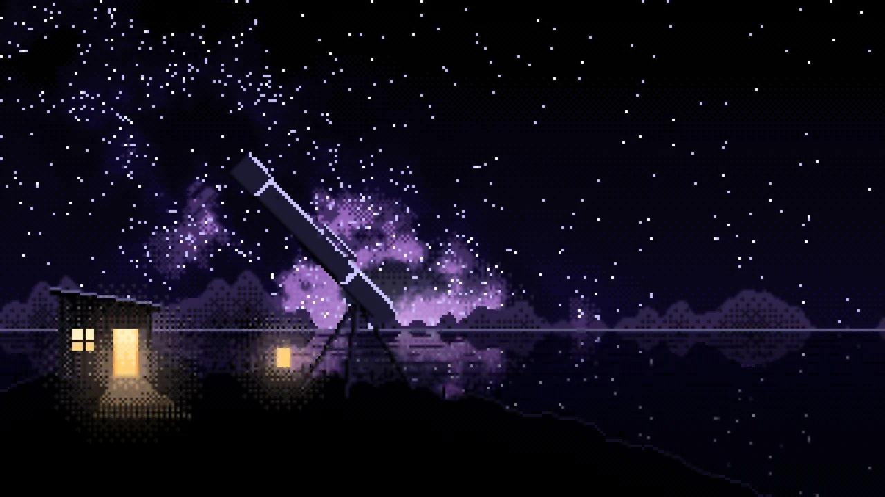 Black Pixel Art Telescope Under the Milky Way desktop wallpaper in 4K