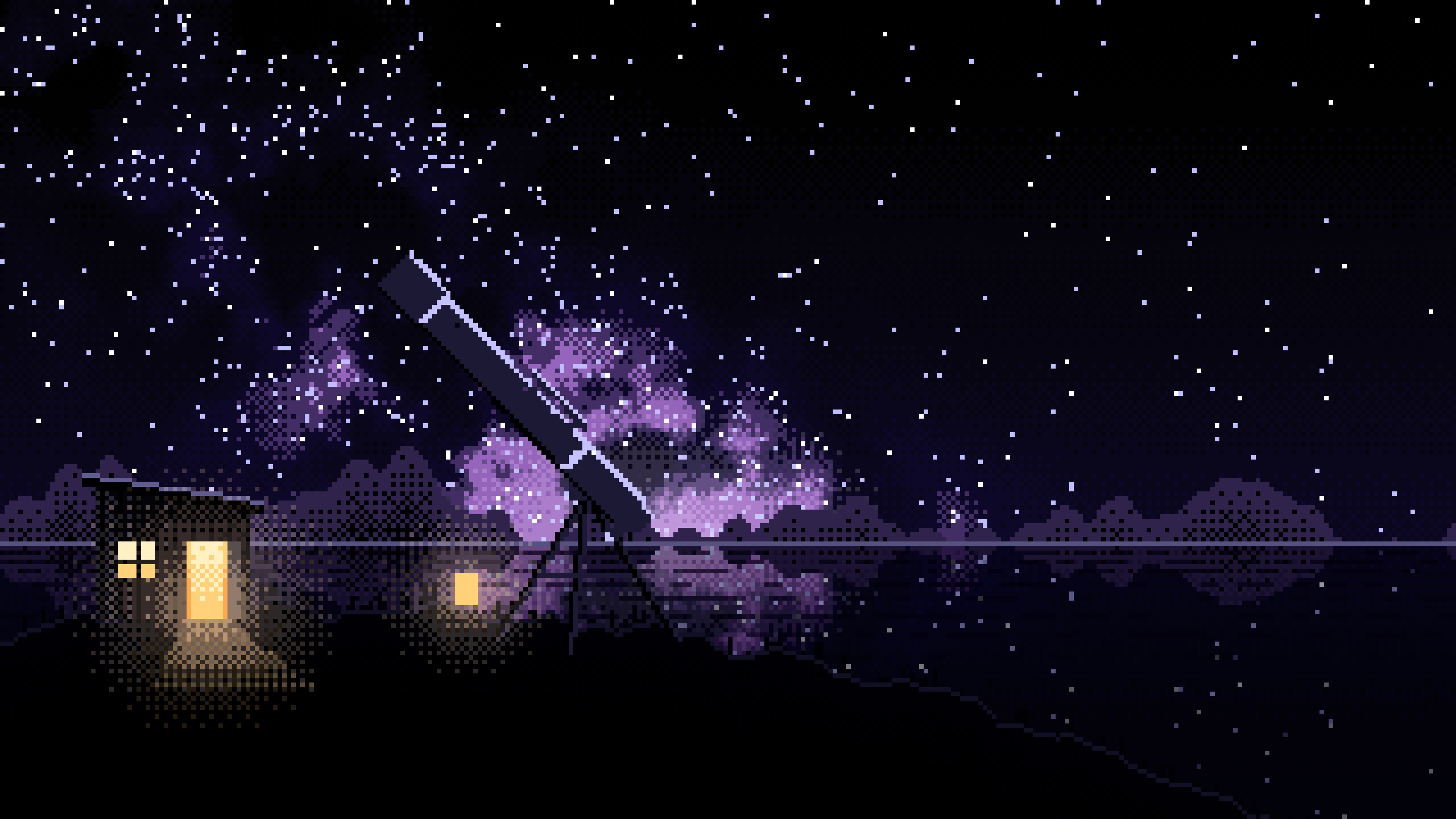Black Pixel Art Telescope Under the Milky Way desktop wallpaper in 4K