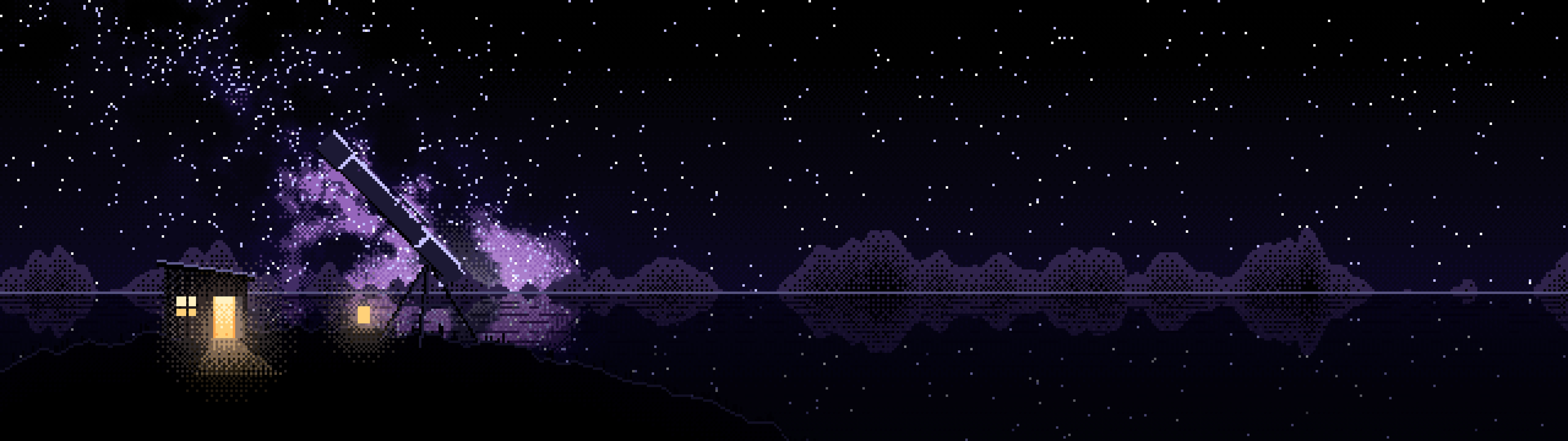 Black Pixel Art Telescope Under the Milky Way dual monitor wallpaper, 7680 × 2160