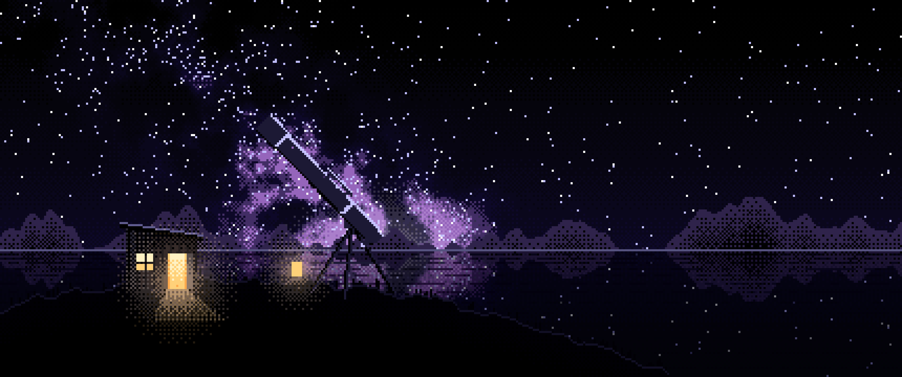 Black Pixel Art Telescope Under the Milky Way ultrawide wallpaper, 3440 × 1440