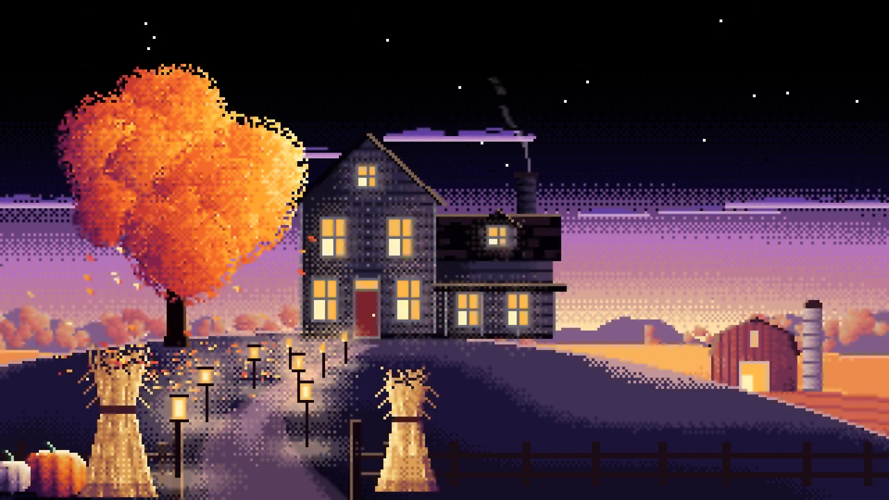 Black Pixel Art Thanksgiving Farmhouse at Dusk desktop wallpaper in 4K