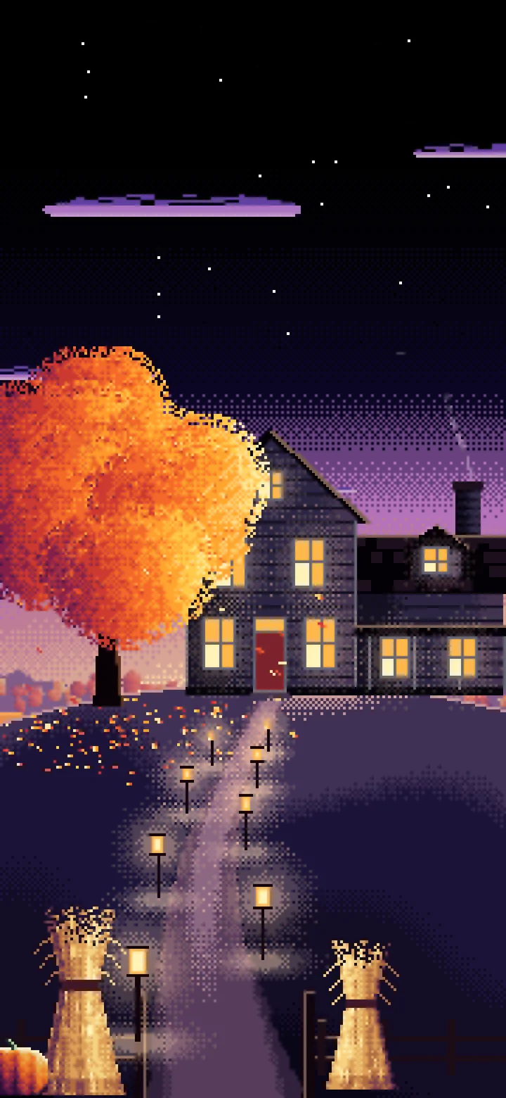 Black Pixel Art Thanksgiving Farmhouse at Dusk wallpaper for iPhone and Android