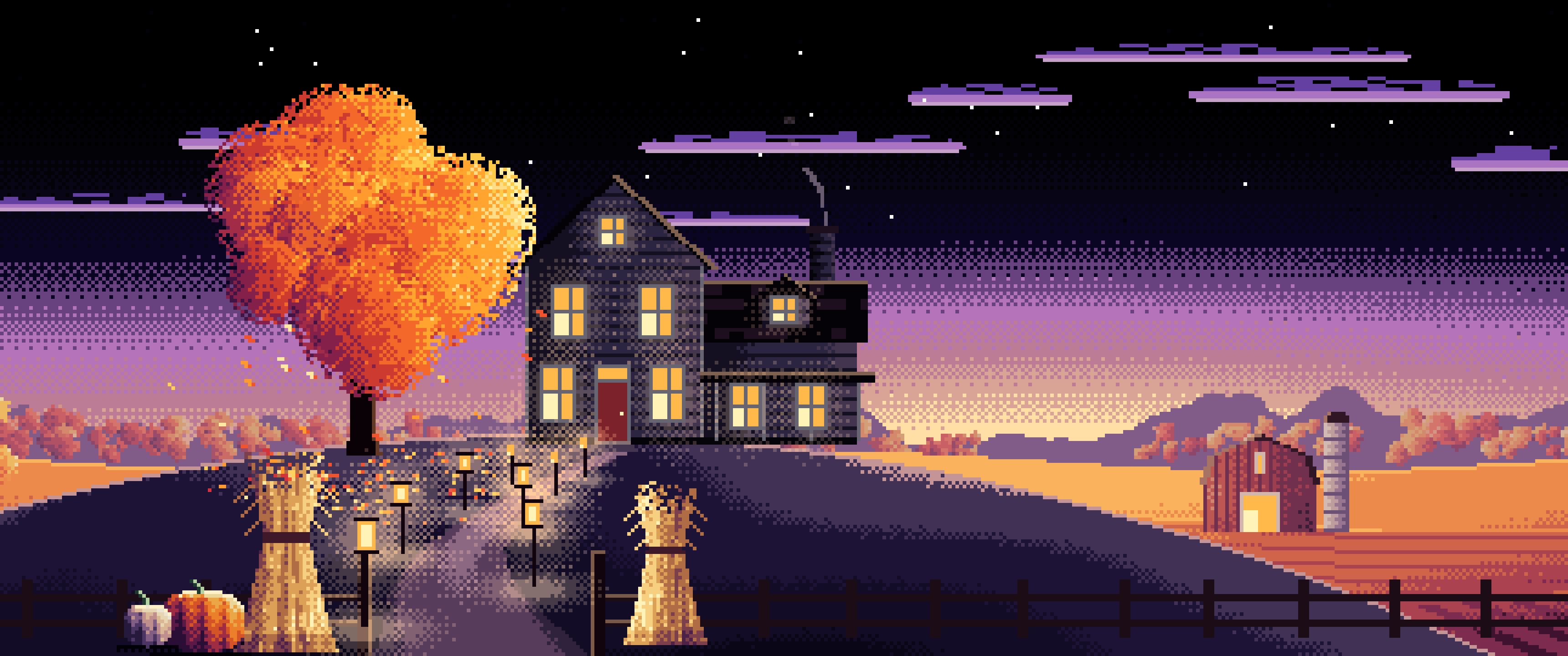 Black Pixel Art Thanksgiving Farmhouse at Dusk ultrawide wallpaper, 3440 × 1440