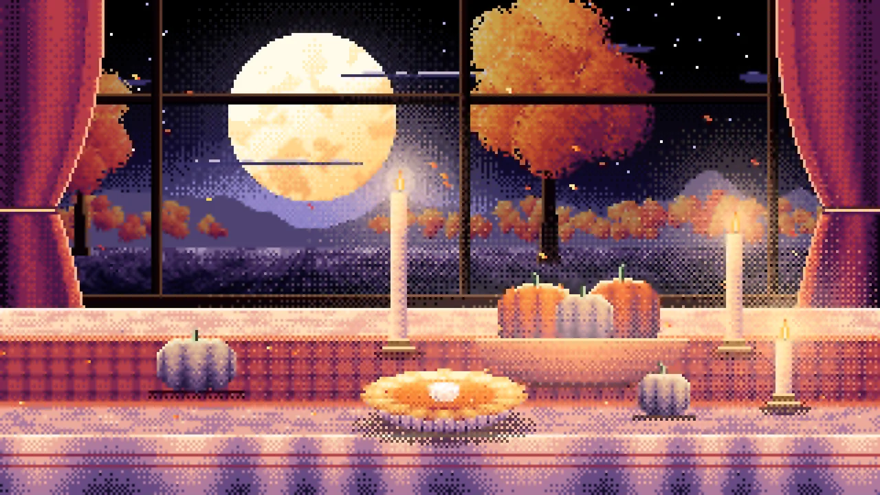 Black Pixel Art Thanksgiving Table by a Window at Dusk desktop wallpaper in 4K
