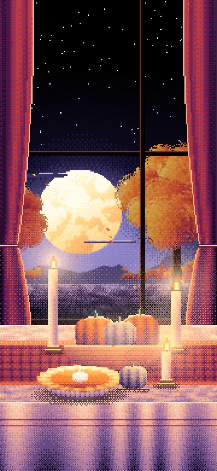 Black Pixel Art Thanksgiving Table by a Window at Dusk wallpaper for iPhone and Android