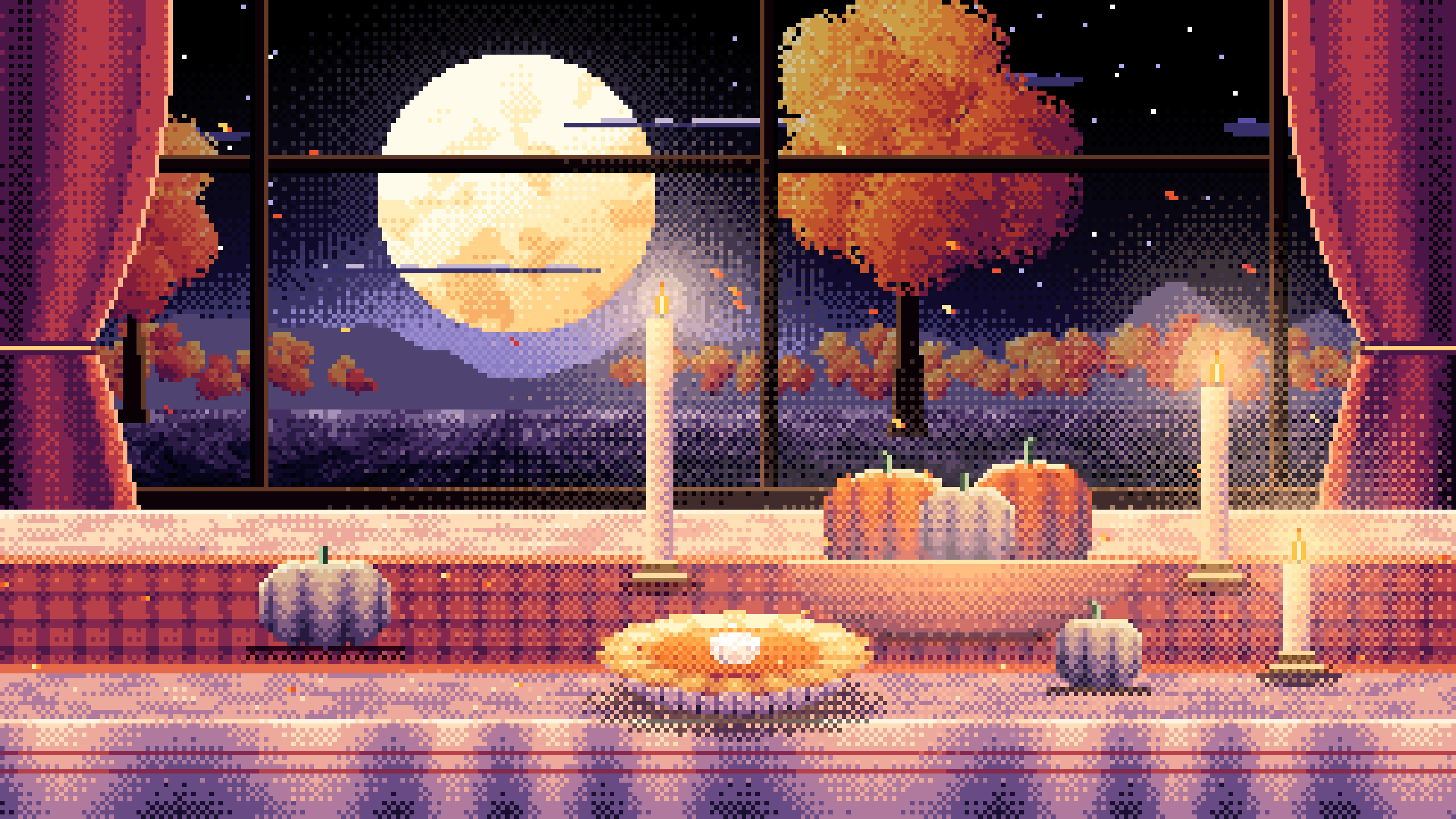 Black Pixel Art Thanksgiving Table by a Window at Dusk desktop wallpaper in 4K