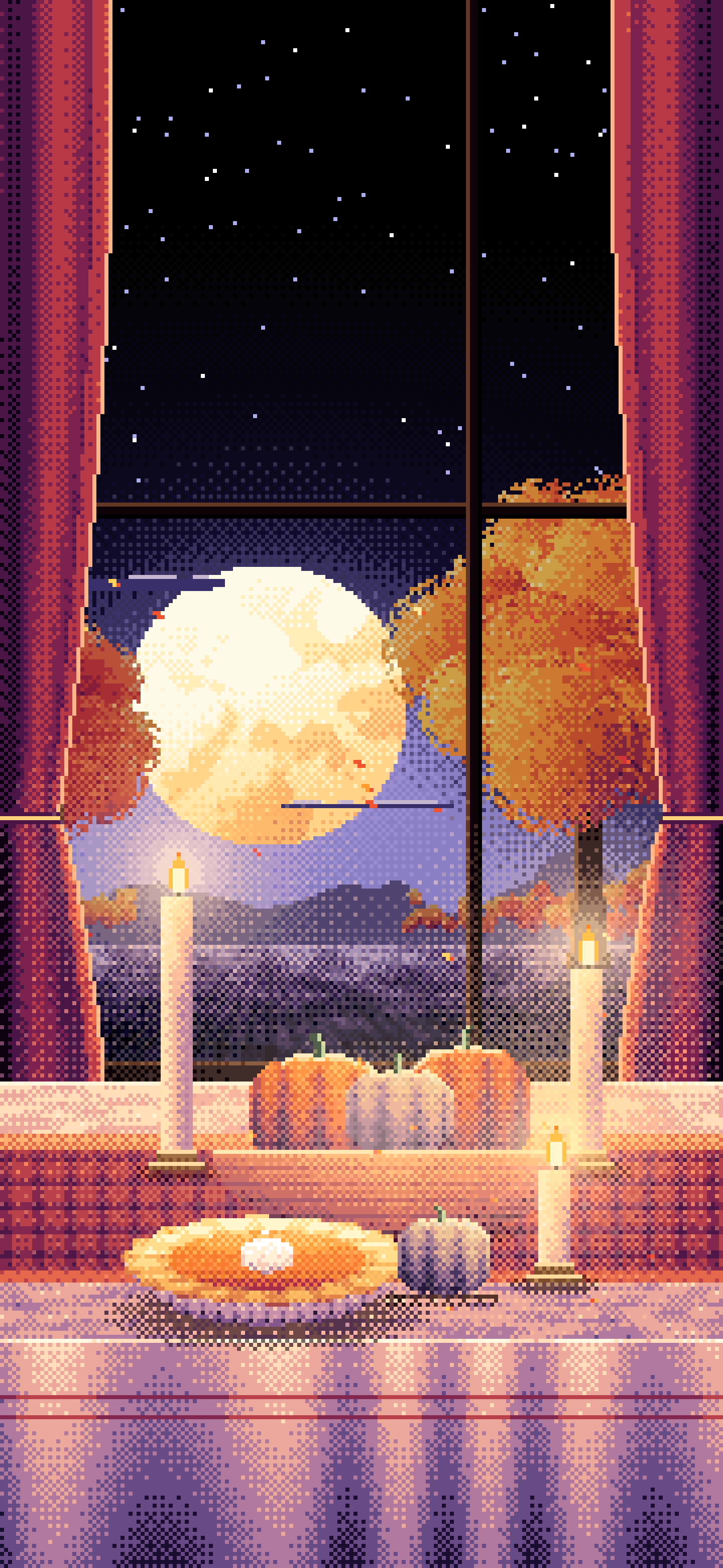 Black Pixel Art Thanksgiving Table by a Window at Dusk wallpaper for iPhone and Android