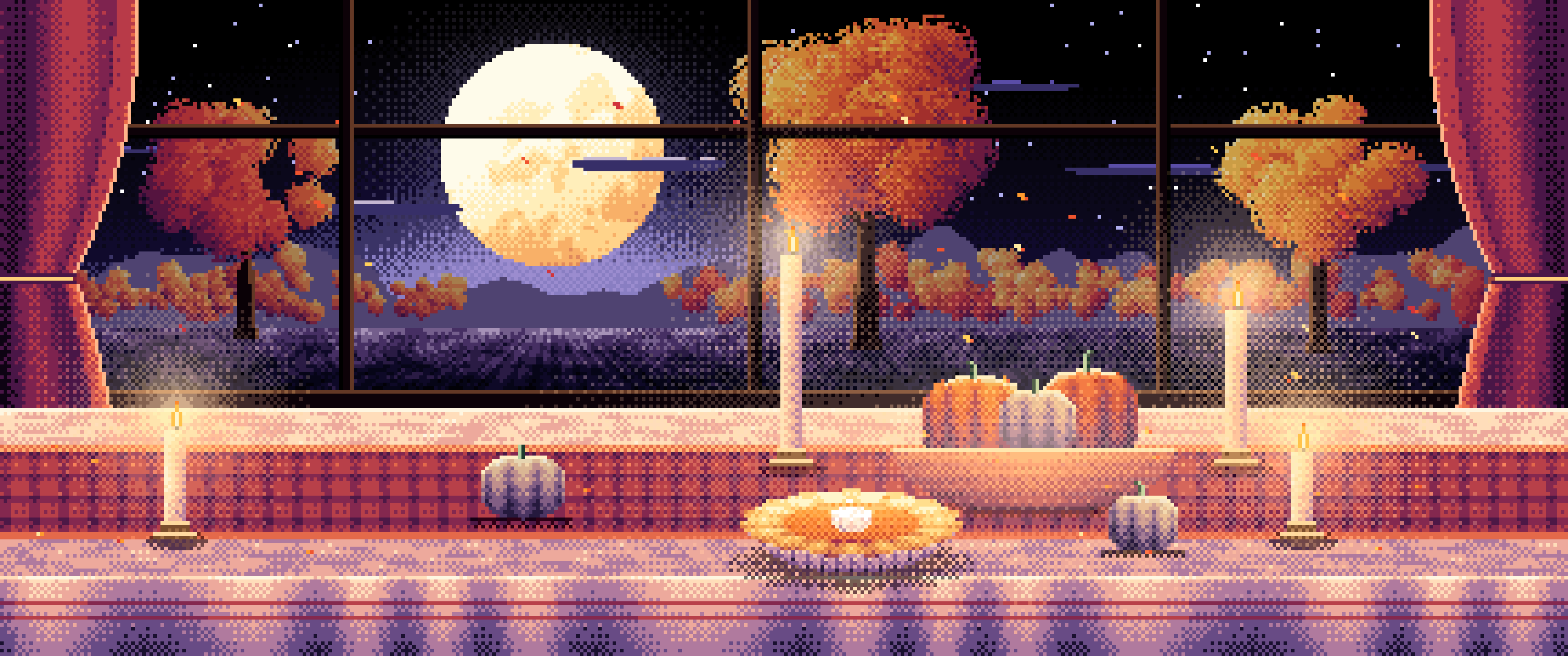 Black Pixel Art Thanksgiving Table by a Window at Dusk ultrawide wallpaper, 3440 × 1440