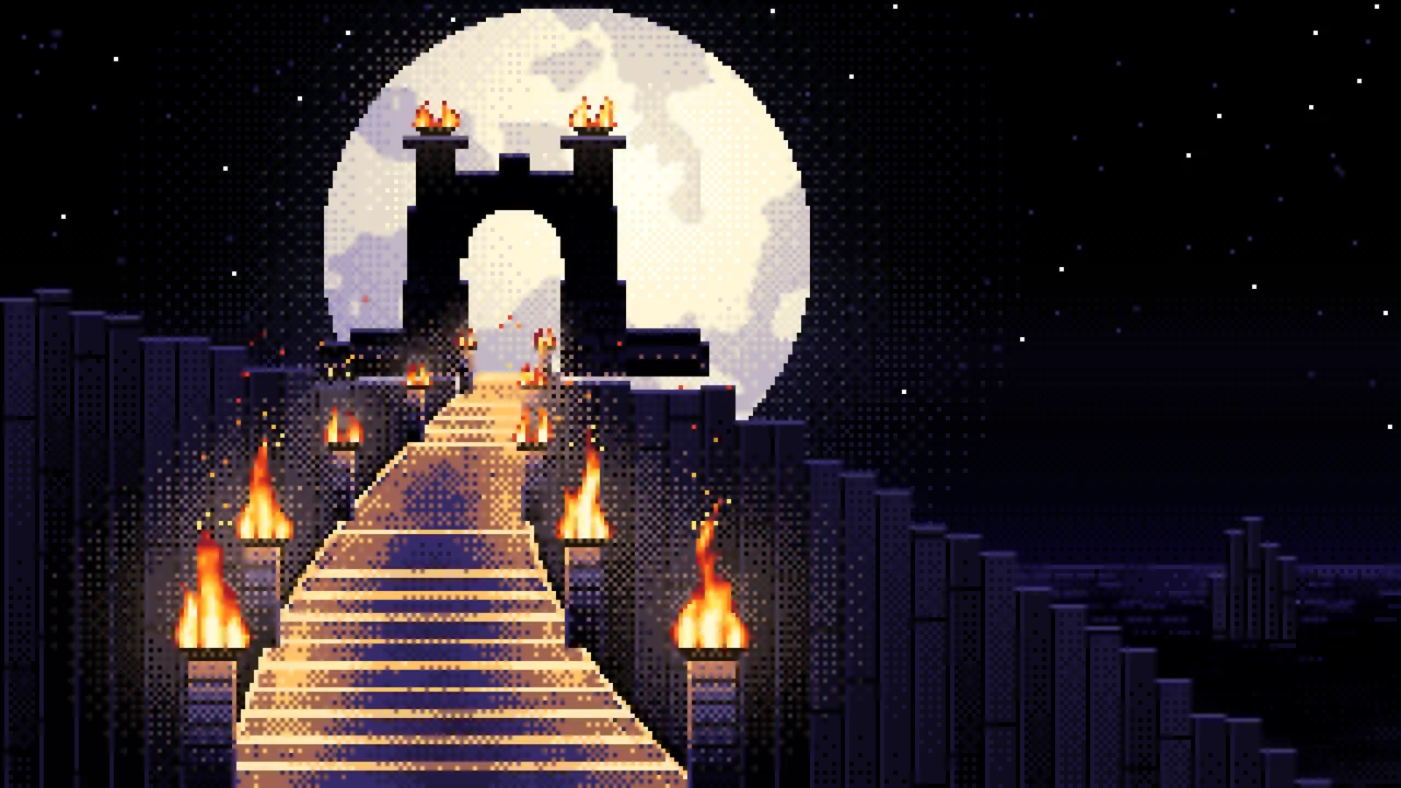 Black Pixel Art Torch-Lit Stairway at Night desktop wallpaper in 4K