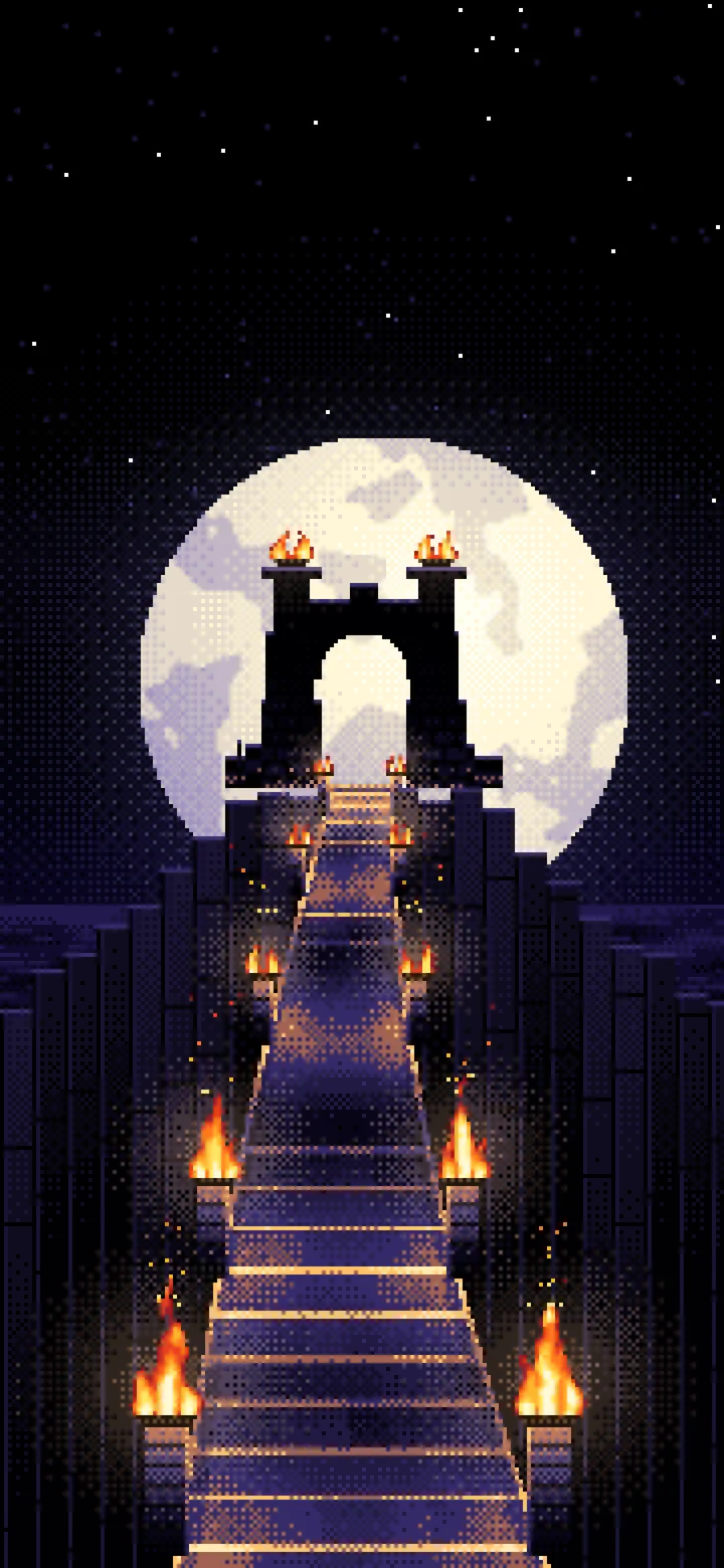 Black Pixel Art Torch-Lit Stairway at Night wallpaper for iPhone and Android