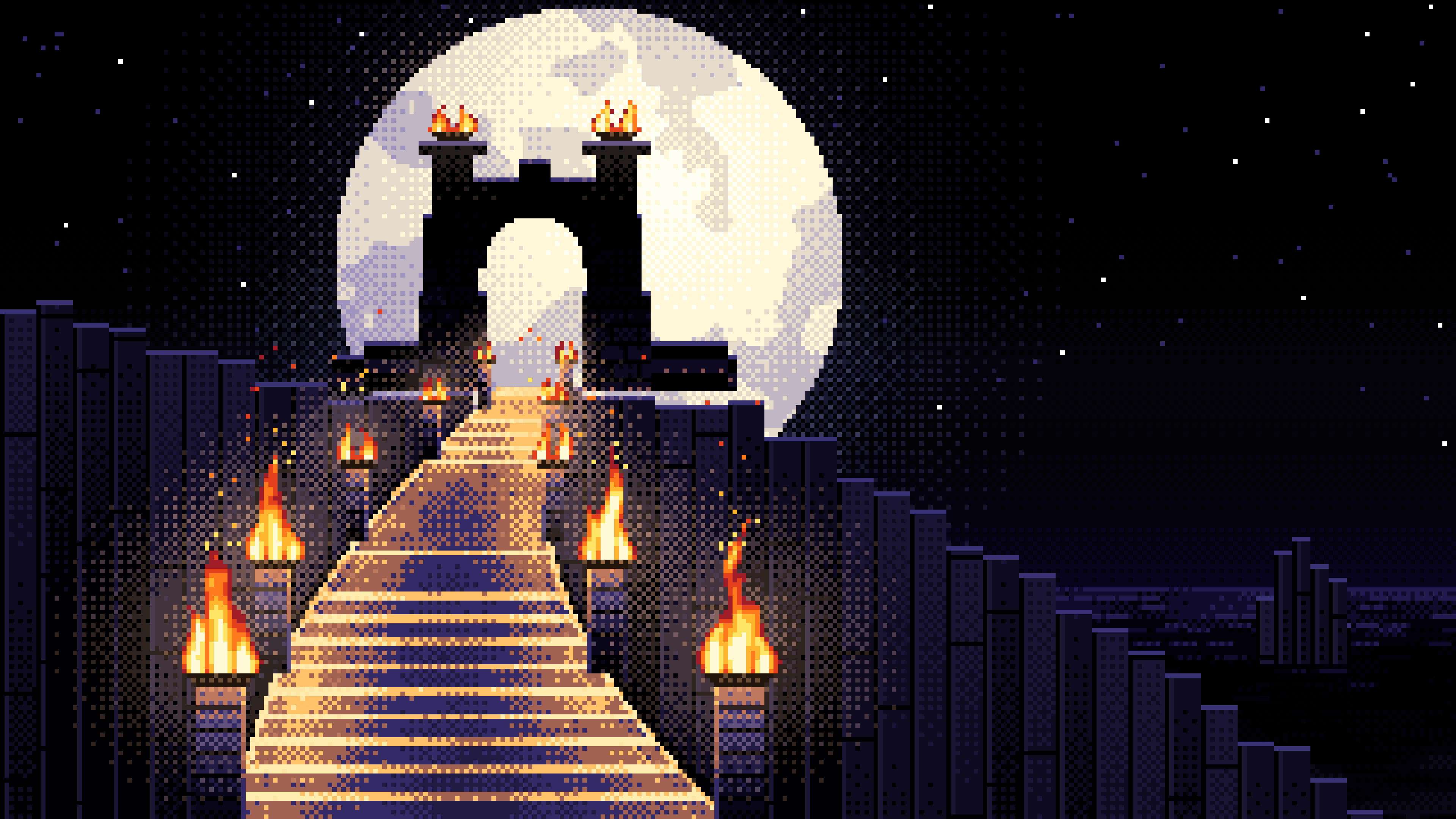 Black Pixel Art Torch-Lit Stairway at Night desktop wallpaper in 4K