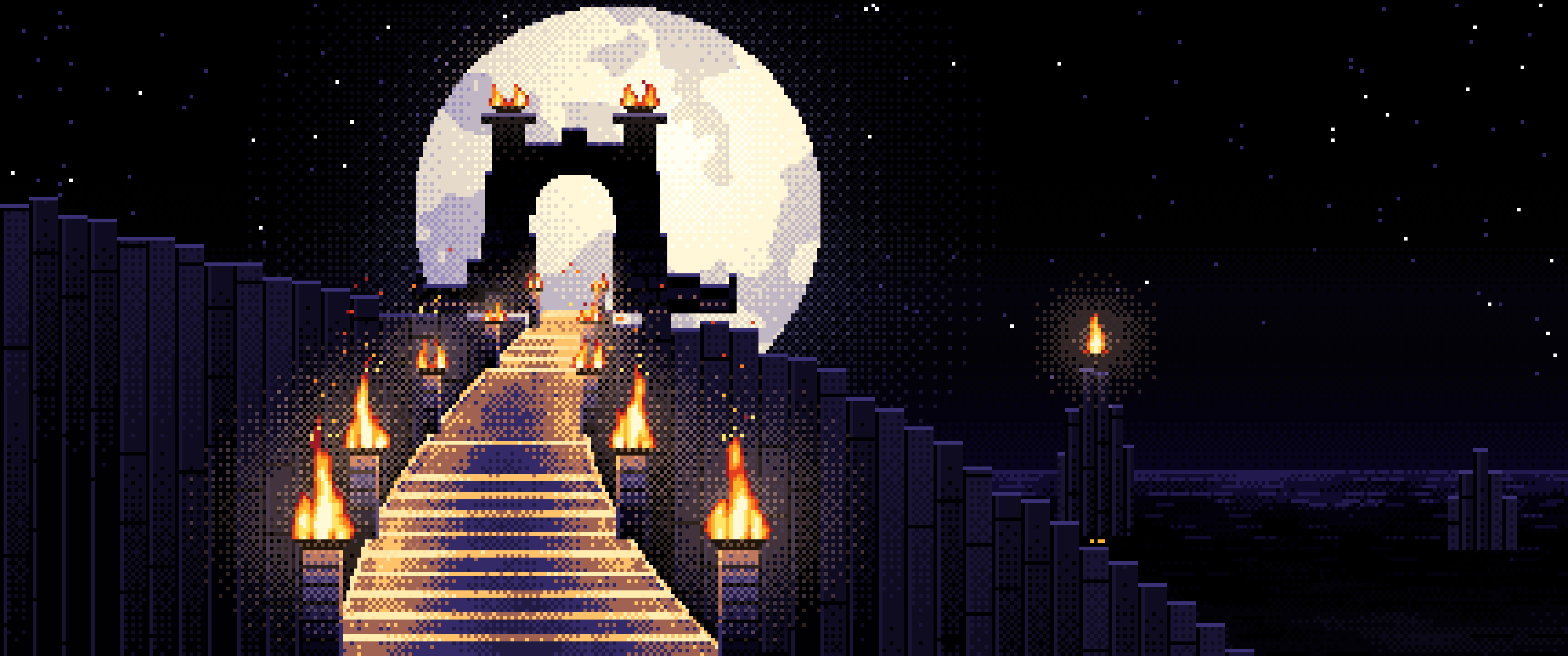 Black Pixel Art Torch-Lit Stairway at Night ultrawide wallpaper, 3440 × 1440
