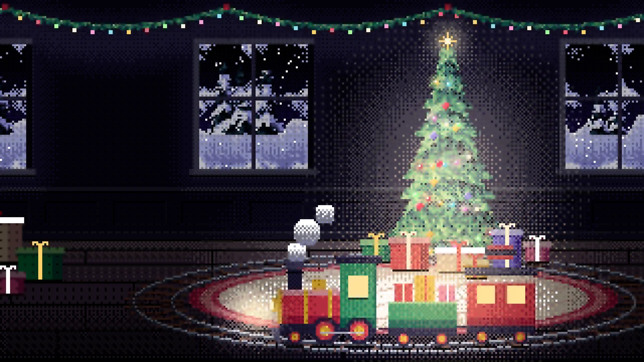 Black Pixel Art Toy Train Around the Christmas Tree desktop wallpaper in 4K