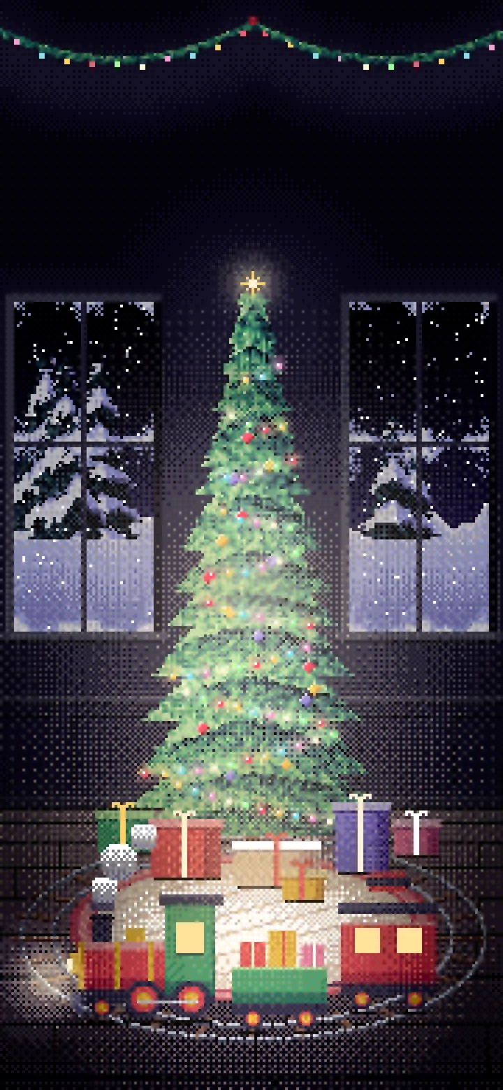 Black Pixel Art Toy Train Around the Christmas Tree wallpaper for iPhone and Android