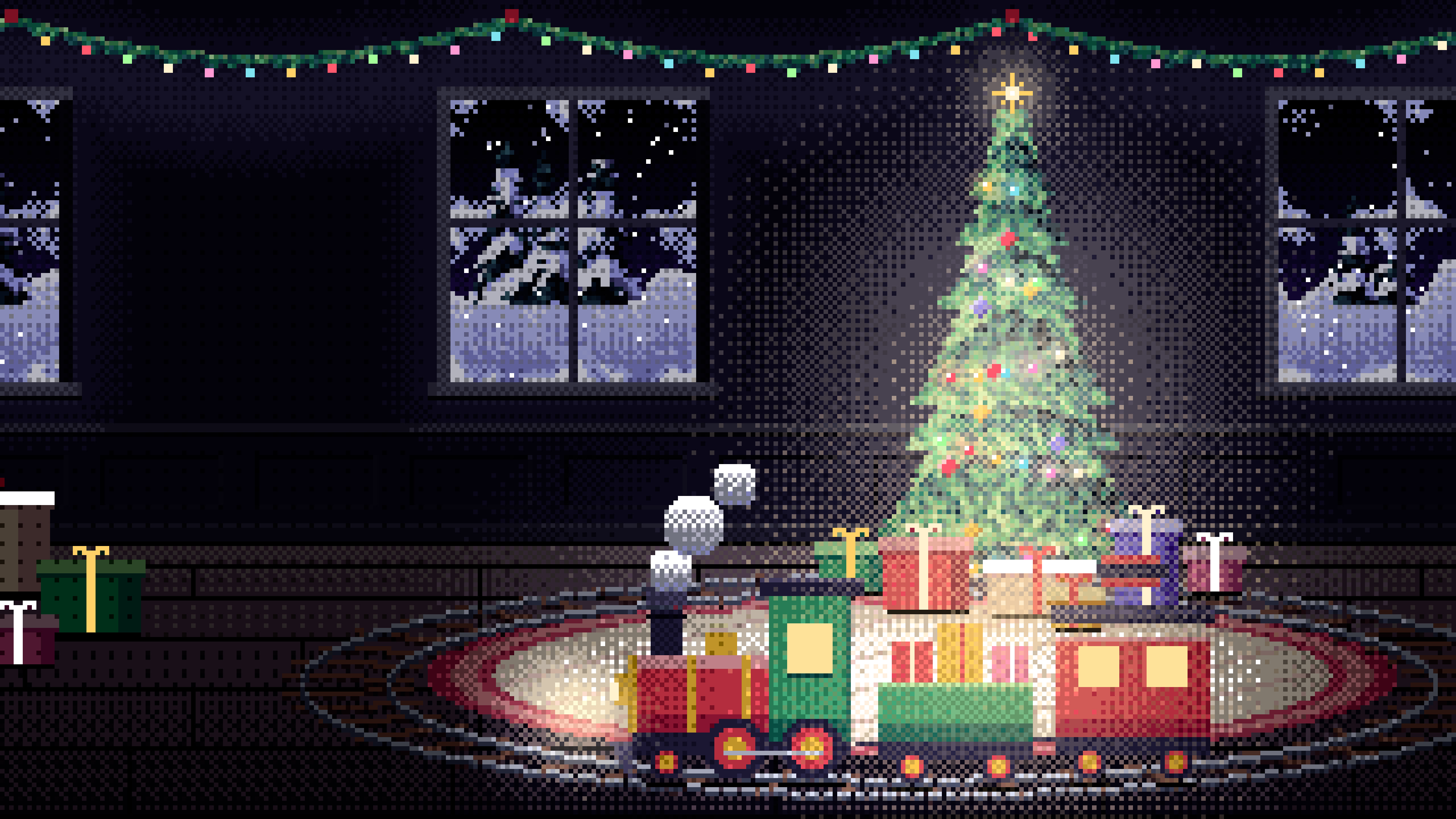 Black Pixel Art Toy Train Around the Christmas Tree desktop wallpaper in 4K
