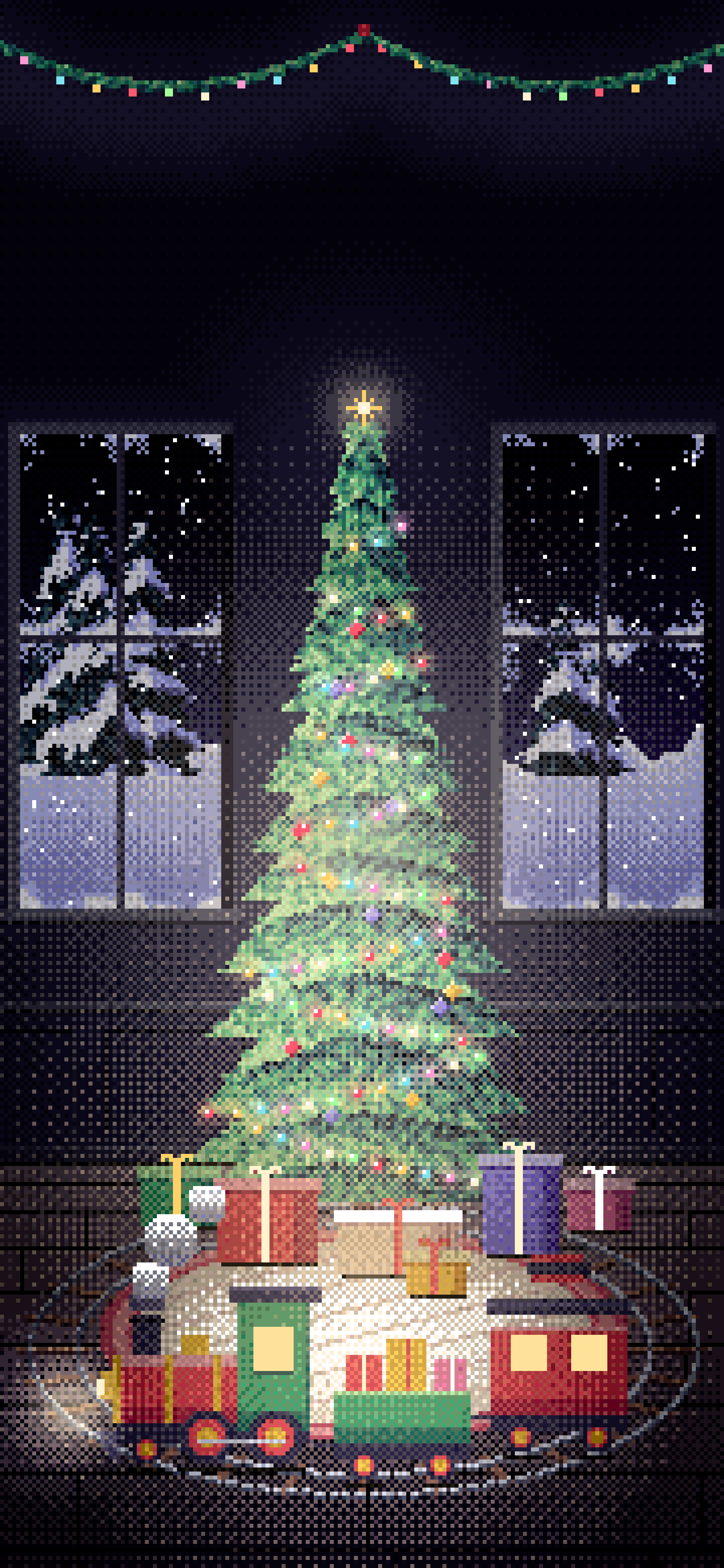 Black Pixel Art Toy Train Around the Christmas Tree wallpaper for iPhone and Android
