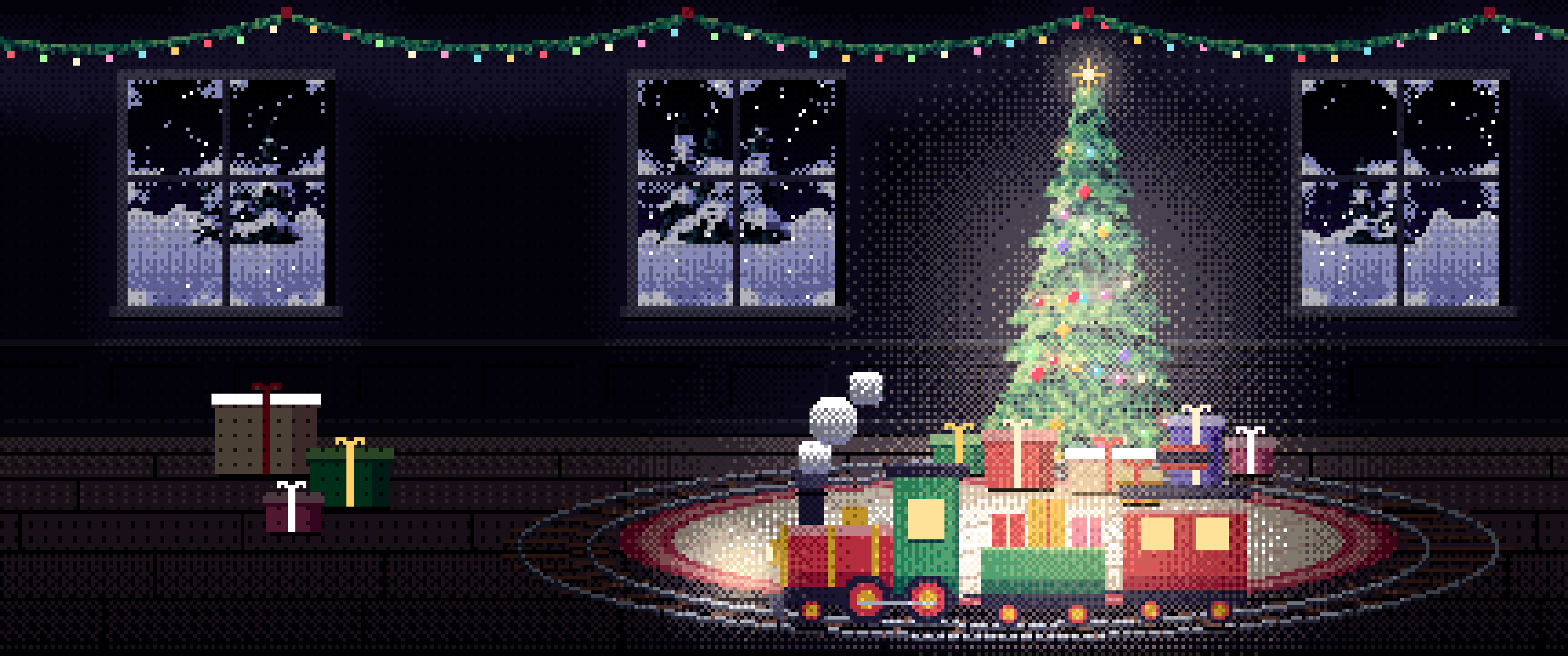 Black Pixel Art Toy Train Around the Christmas Tree ultrawide wallpaper, 3440 × 1440