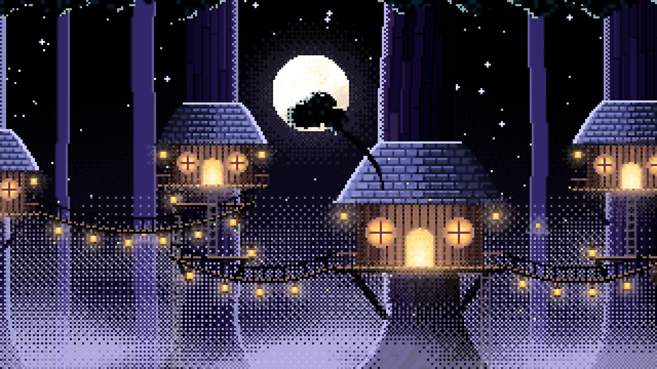 Black Pixel Art Treehouse in a Fantasy Forest desktop wallpaper in 4K