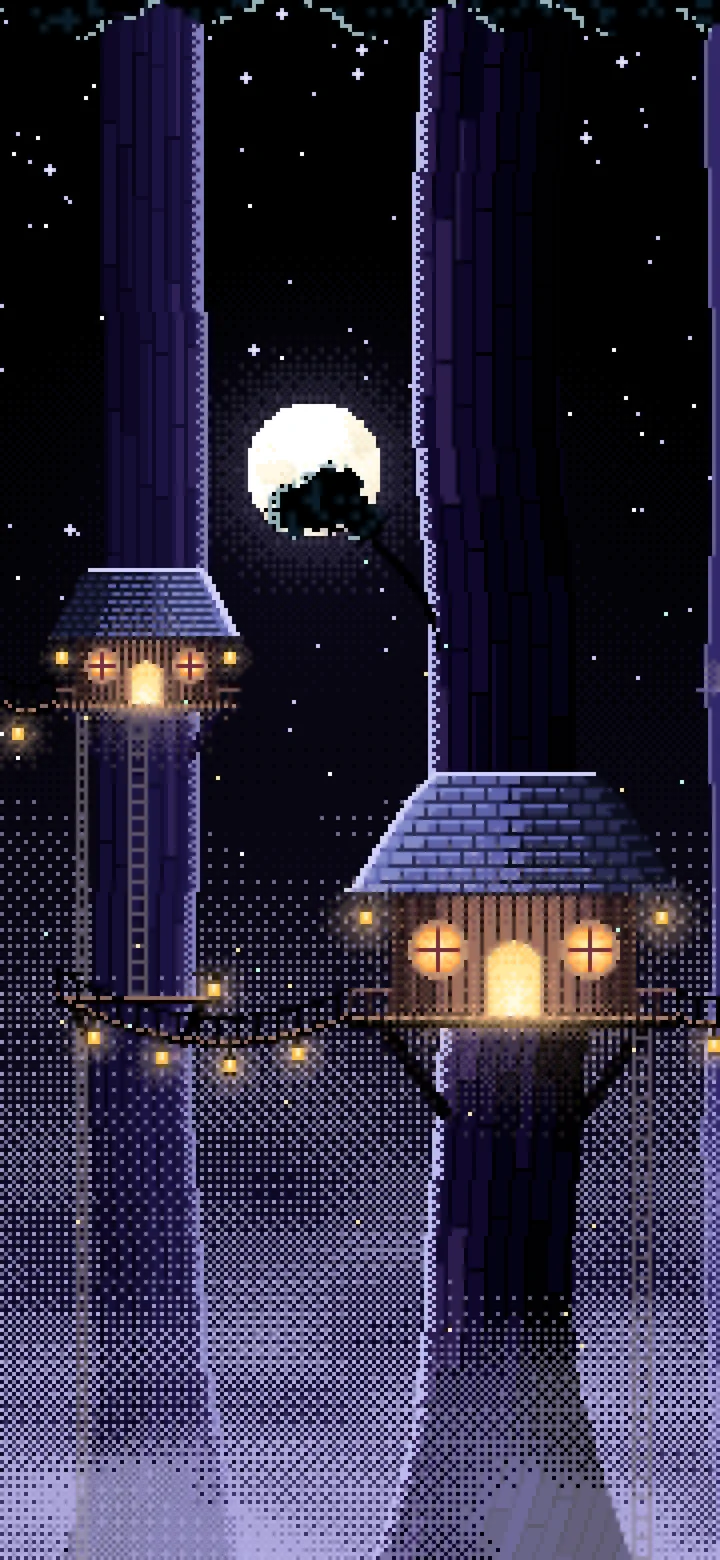 Black Pixel Art Treehouse in a Fantasy Forest wallpaper for iPhone and Android