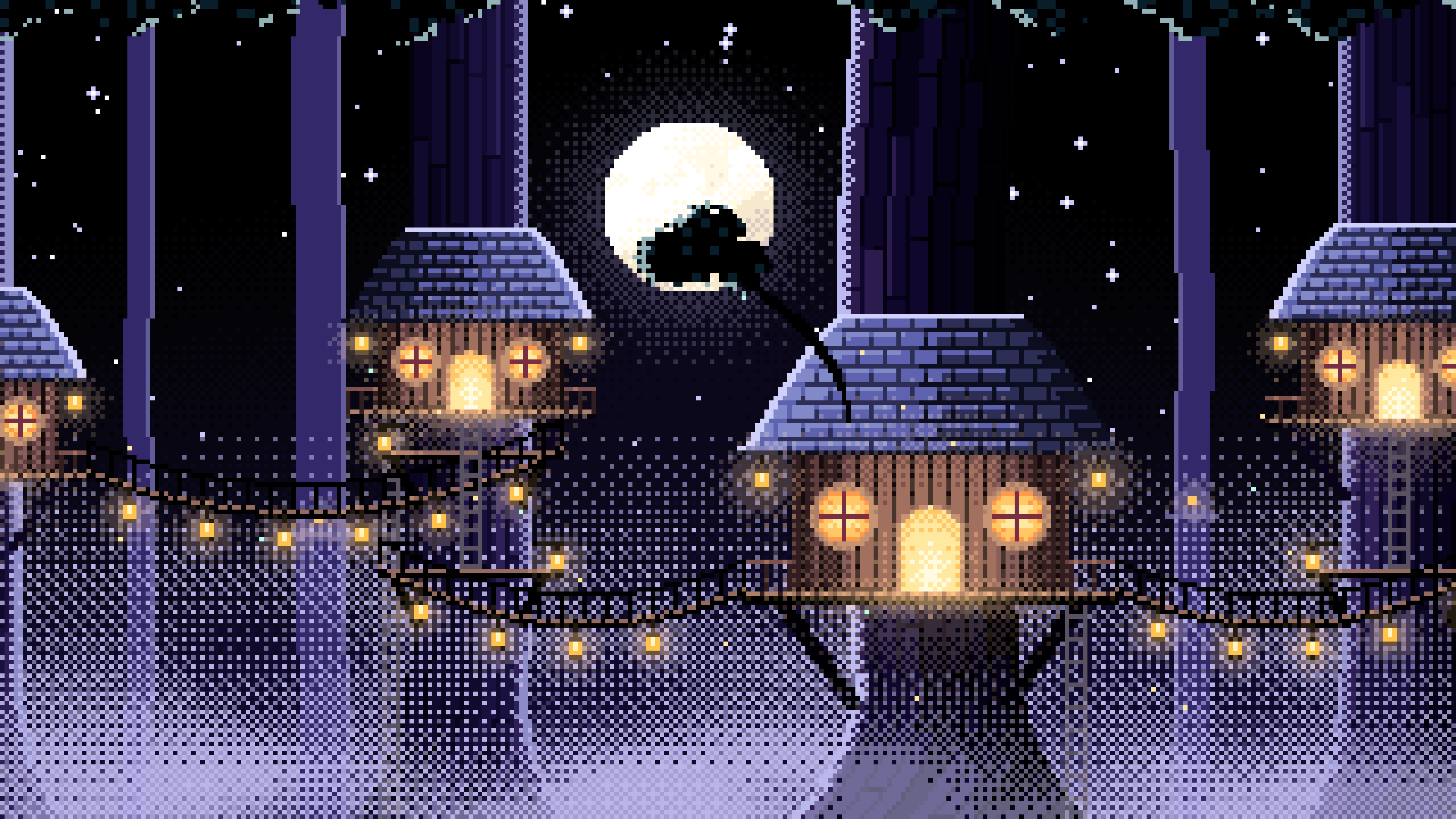 Black Pixel Art Treehouse in a Fantasy Forest desktop wallpaper in 4K
