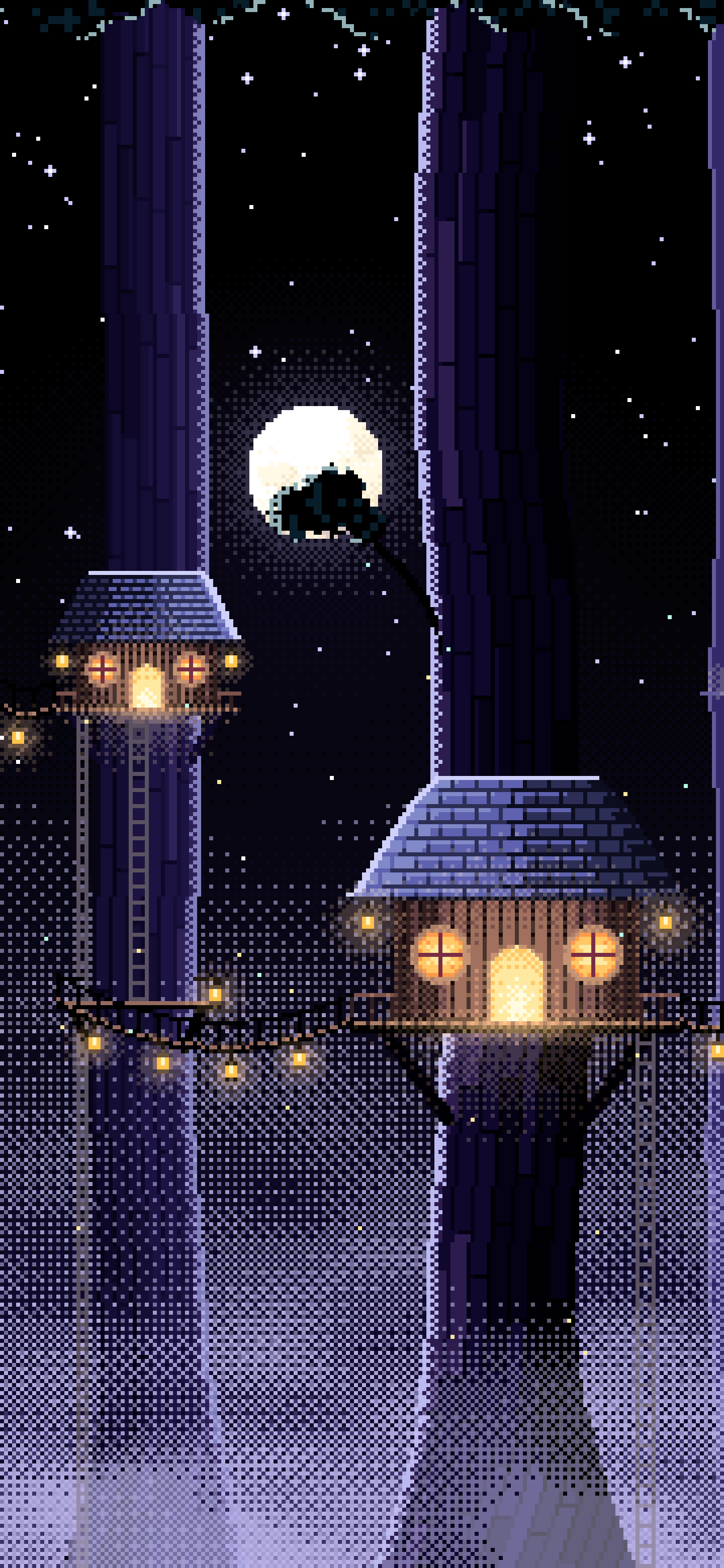 Black Pixel Art Treehouse in a Fantasy Forest wallpaper for iPhone and Android