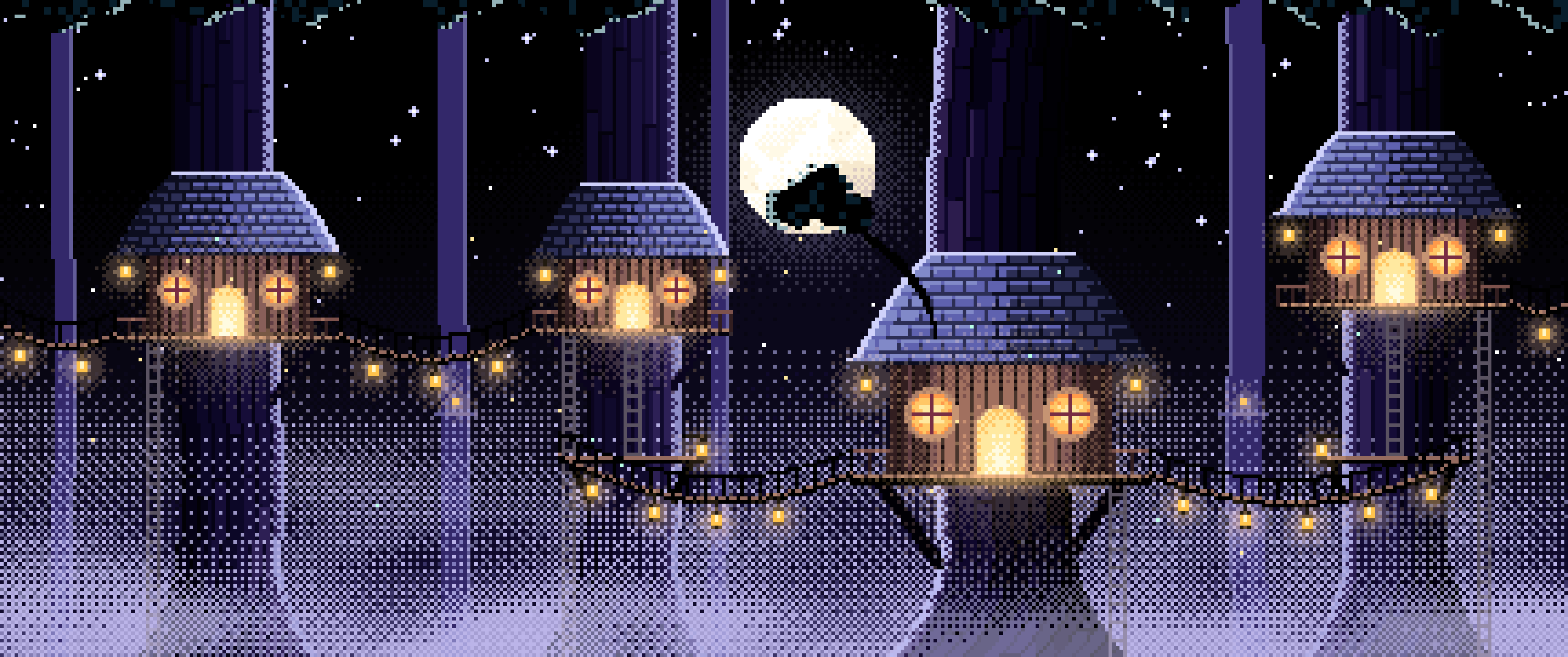 Black Pixel Art Treehouse in a Fantasy Forest ultrawide wallpaper, 3440 × 1440