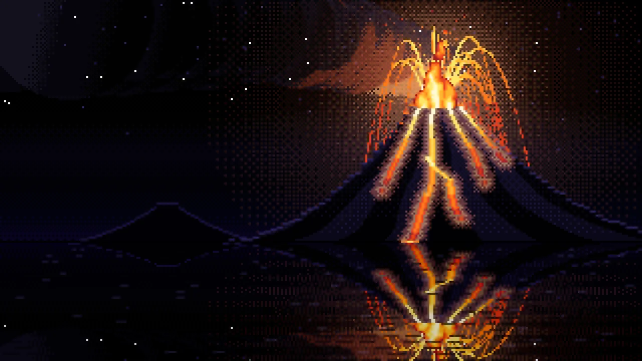 Black Pixel Art Volcano Erupting at Night desktop wallpaper in 4K