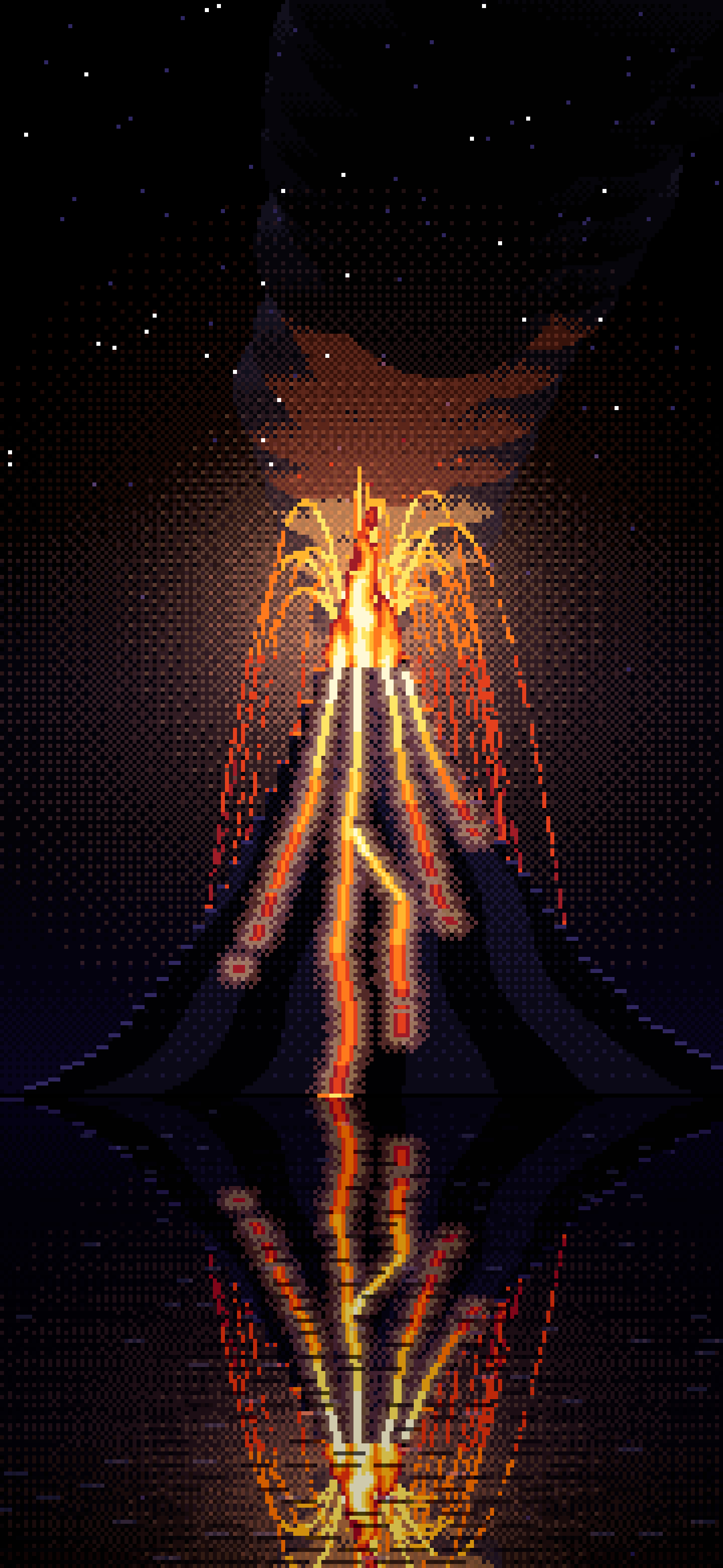 Black Pixel Art Volcano Erupting at Night wallpaper for iPhone and Android