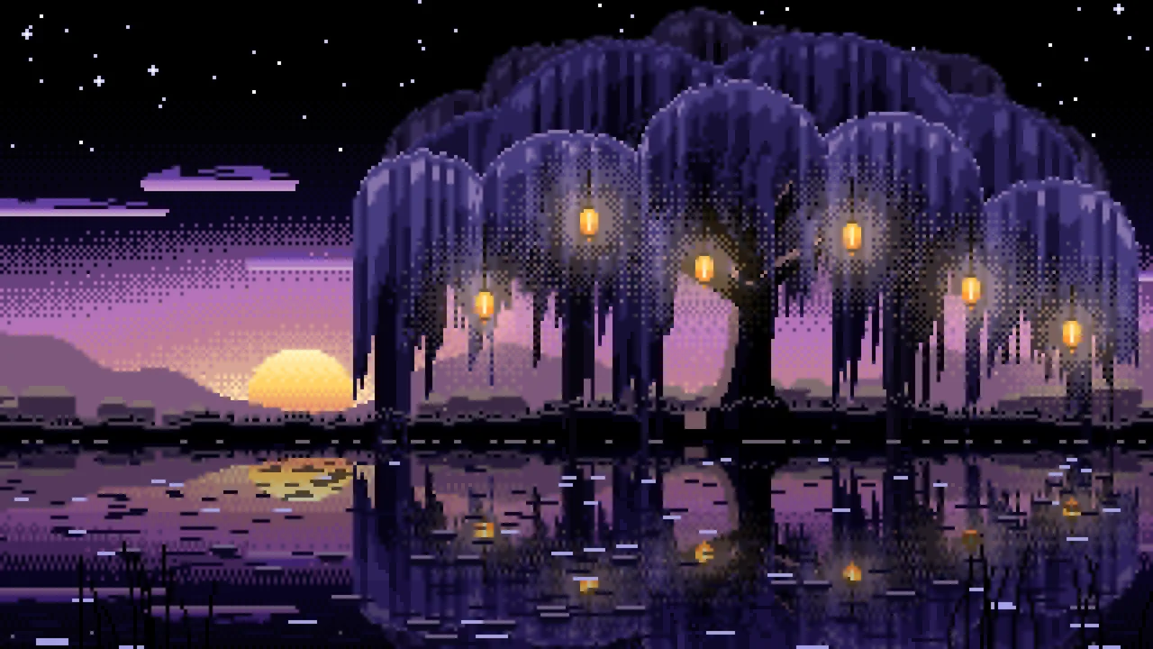 Black Pixel Art Willow Tree by a Pond desktop wallpaper in 4K