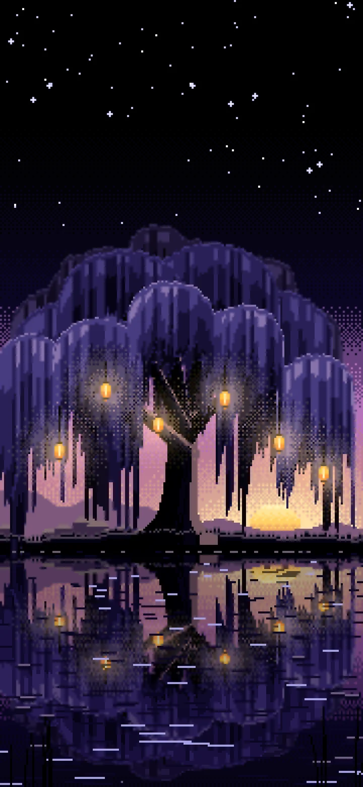 Black Pixel Art Willow Tree by a Pond wallpaper for iPhone and Android
