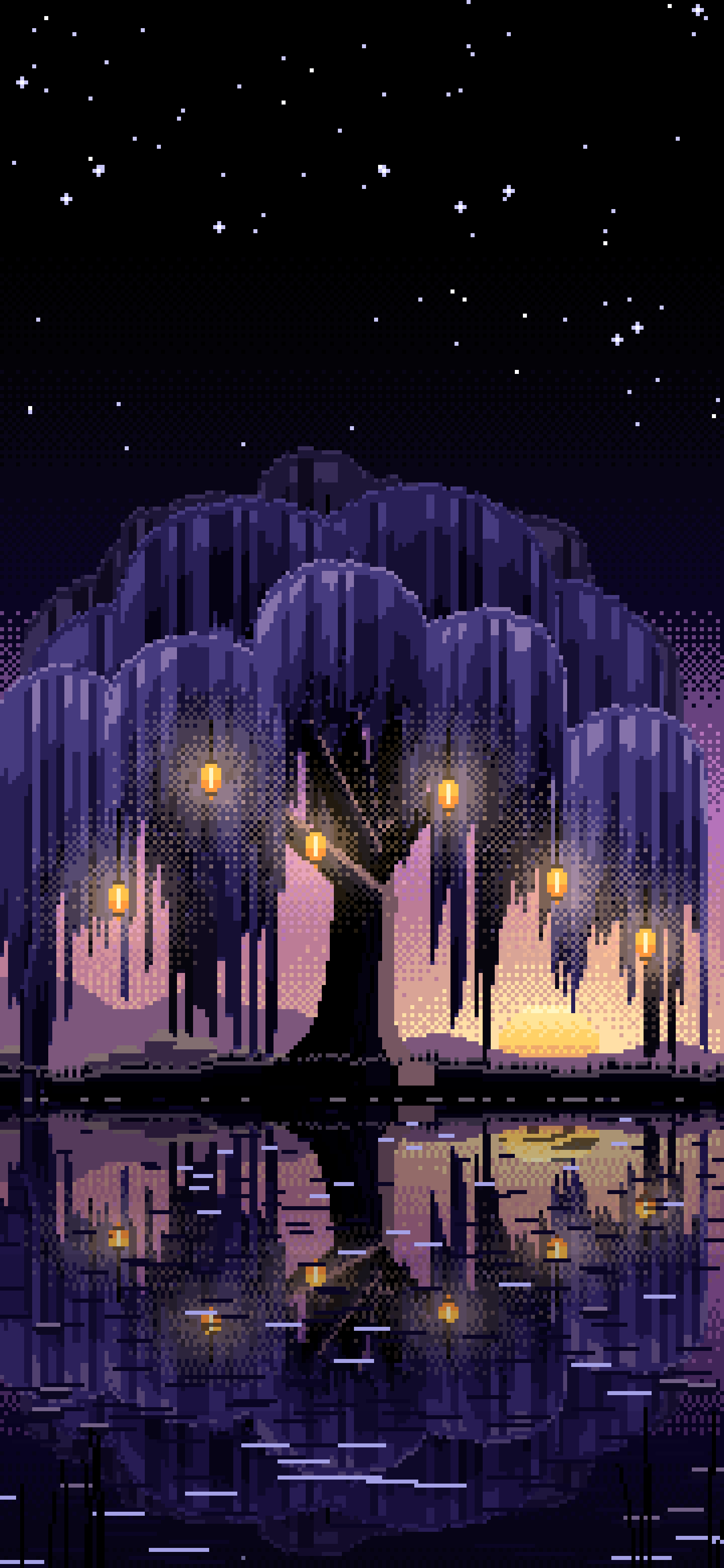 Black Pixel Art Willow Tree by a Pond wallpaper for iPhone and Android