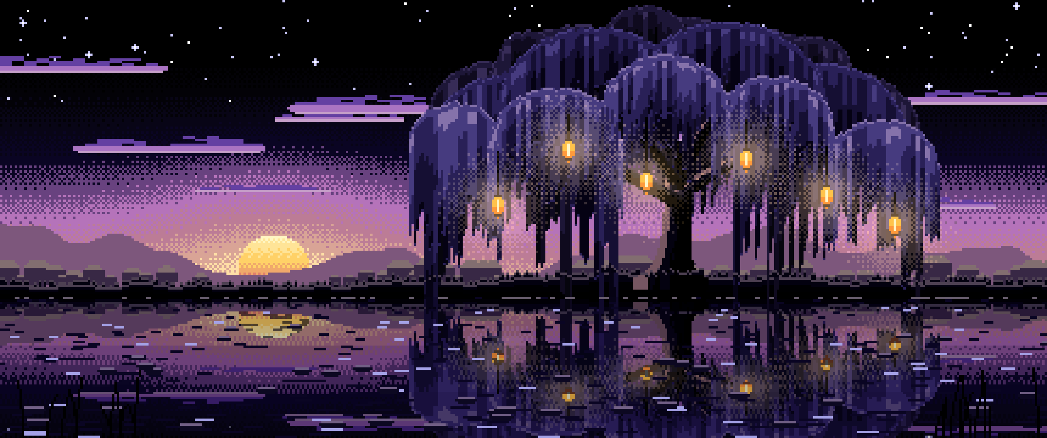 Black Pixel Art Willow Tree by a Pond ultrawide wallpaper, 3440 × 1440