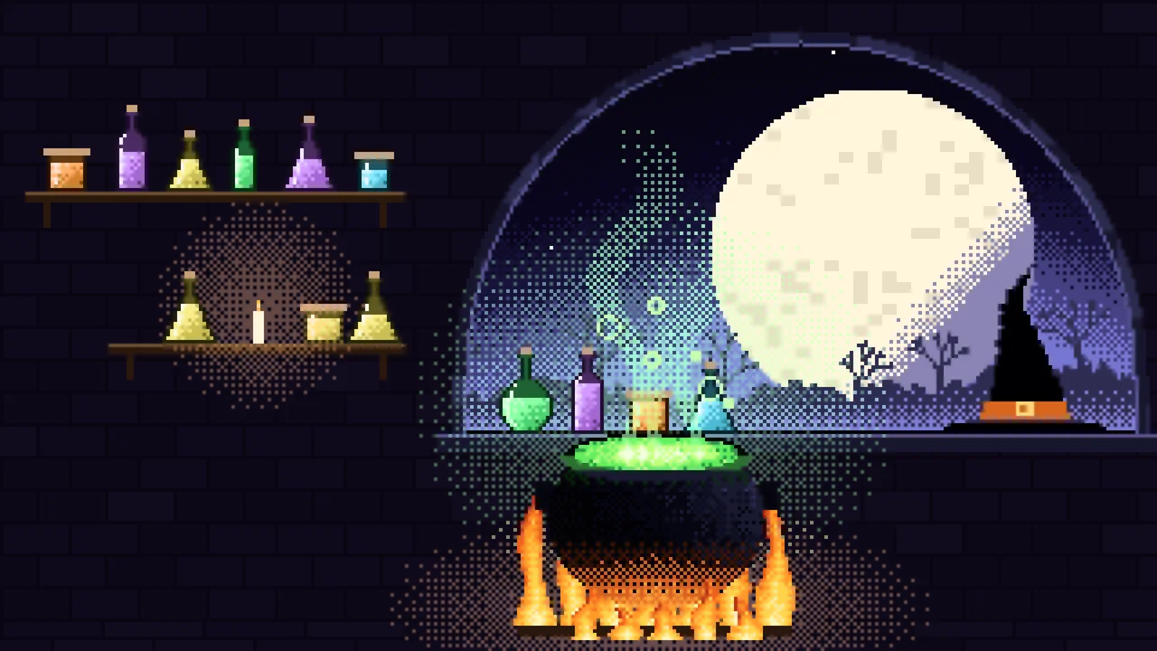 Black Pixel Art Witch Cauldron Kitchen desktop wallpaper in 4K