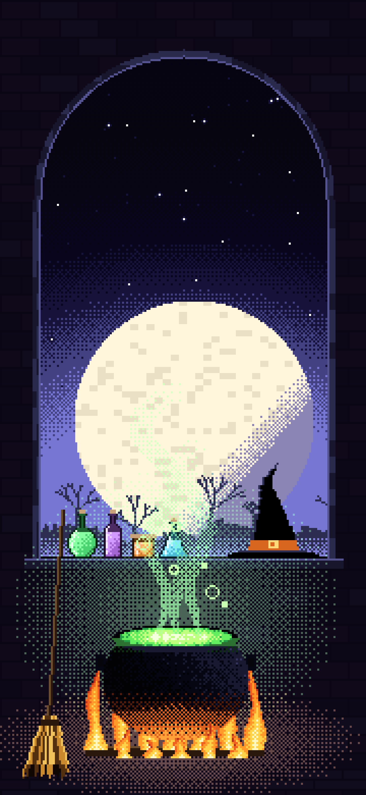 Black Pixel Art Witch Cauldron Kitchen wallpaper for iPhone and Android