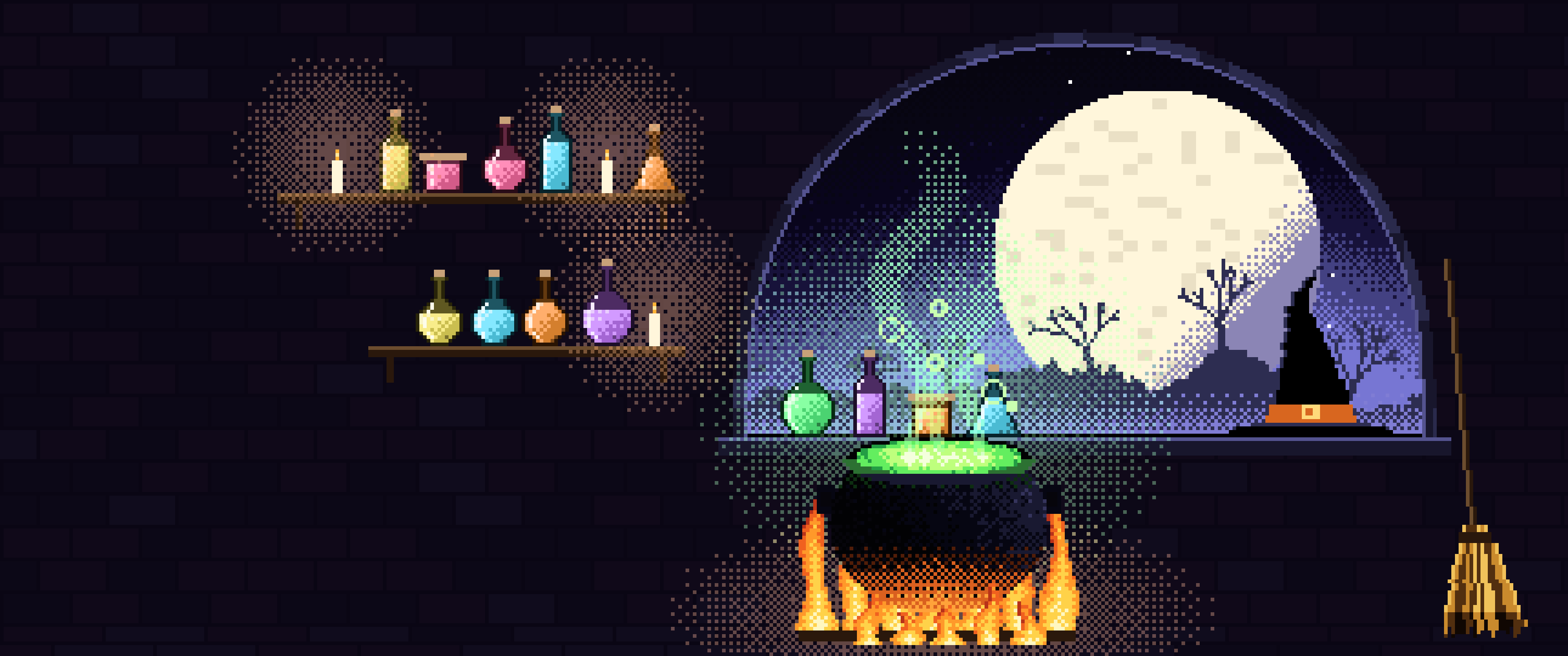 Black Pixel Art Witch Cauldron Kitchen ultrawide wallpaper, 3440 × 1440