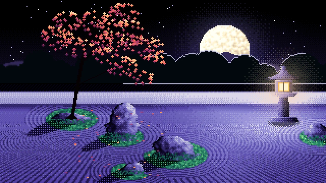 Black Pixel Art Zen Garden and Moon desktop wallpaper in 4K