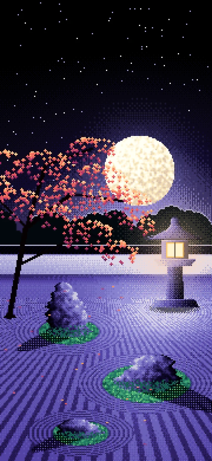 Black Pixel Art Zen Garden and Moon wallpaper for iPhone and Android
