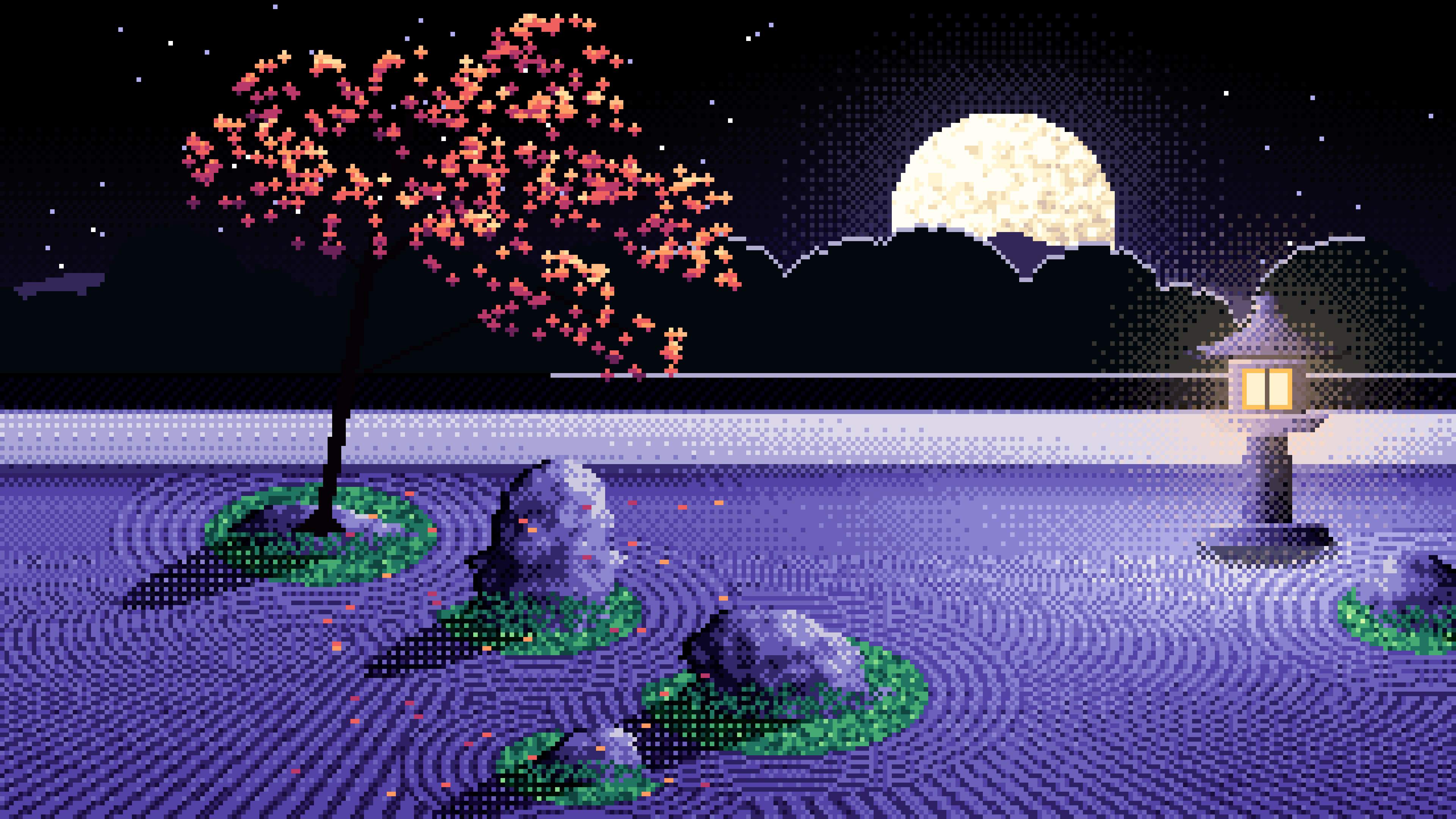 Black Pixel Art Zen Garden and Moon desktop wallpaper in 4K