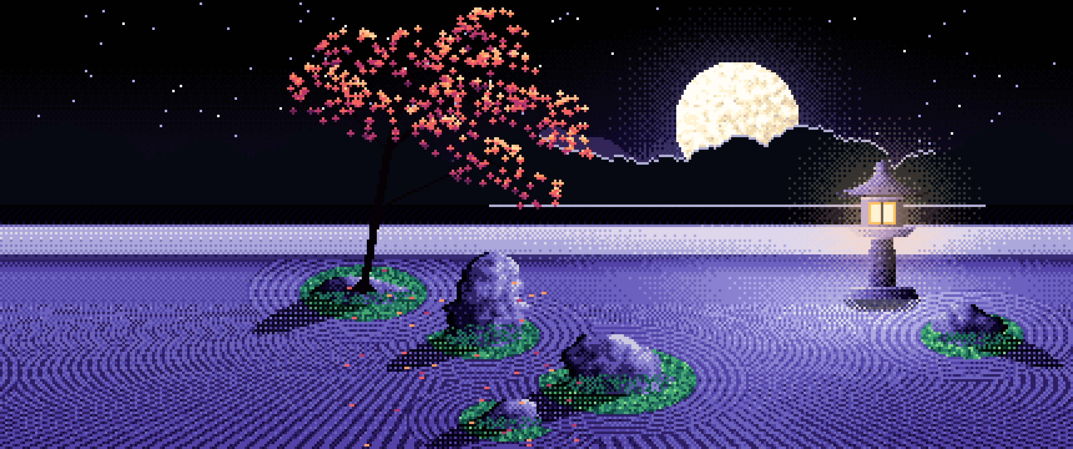 Black Pixel Art Zen Garden and Moon ultrawide wallpaper, 3440 × 1440