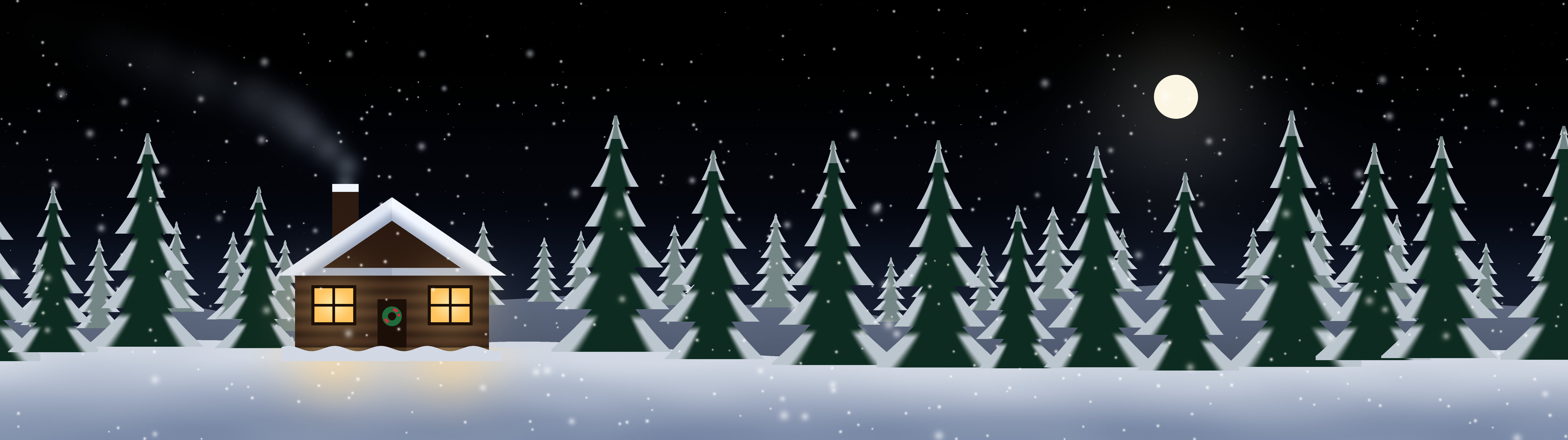 Black Snowy Christmas Cabin dual monitor wallpaper, 7680 × 2160
