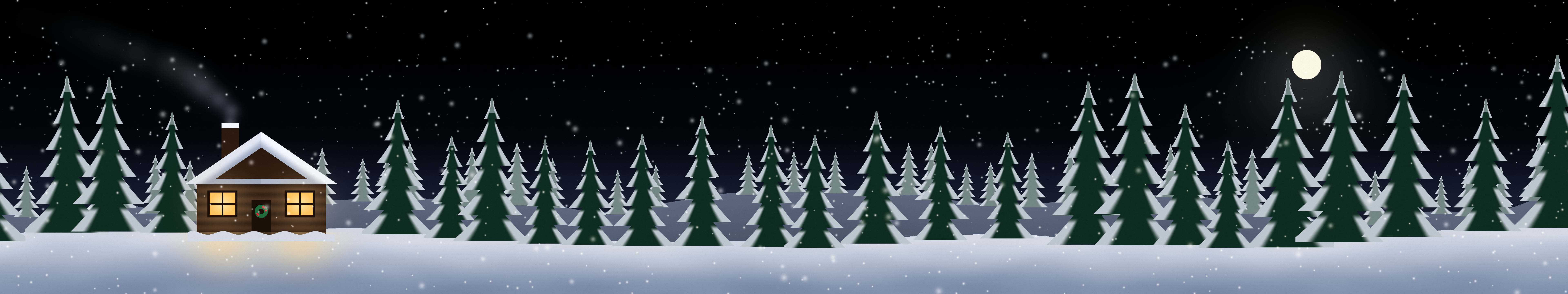 Black Snowy Christmas Cabin triple monitor wallpaper, 7680 × 1440