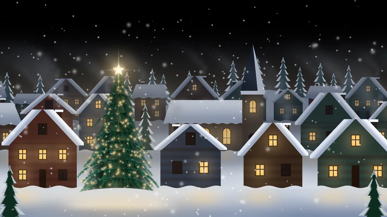 Black Snowy Christmas Village desktop wallpaper in 4K