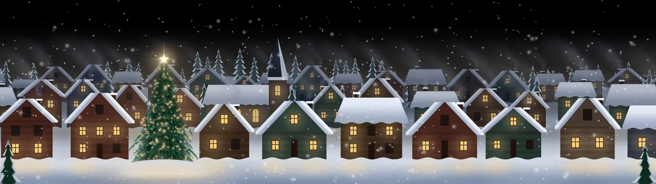Black Snowy Christmas Village dual monitor wallpaper, 7680 × 2160