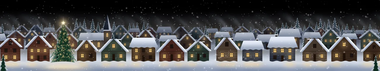 Black Snowy Christmas Village triple monitor wallpaper, 7680 × 1440