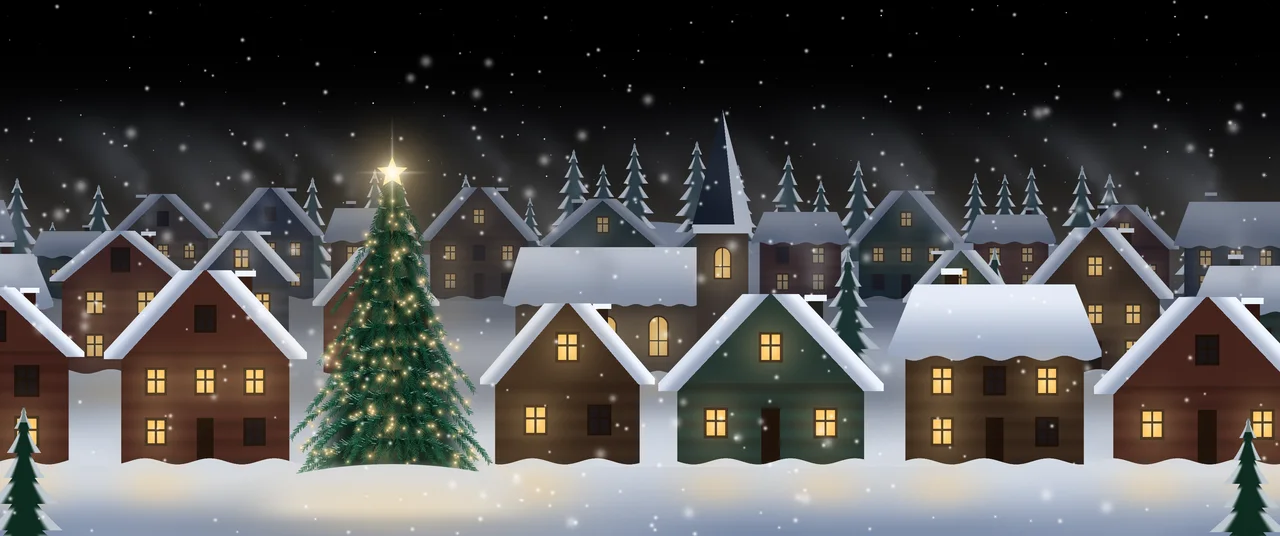 Black Snowy Christmas Village ultrawide wallpaper, 3440 × 1440
