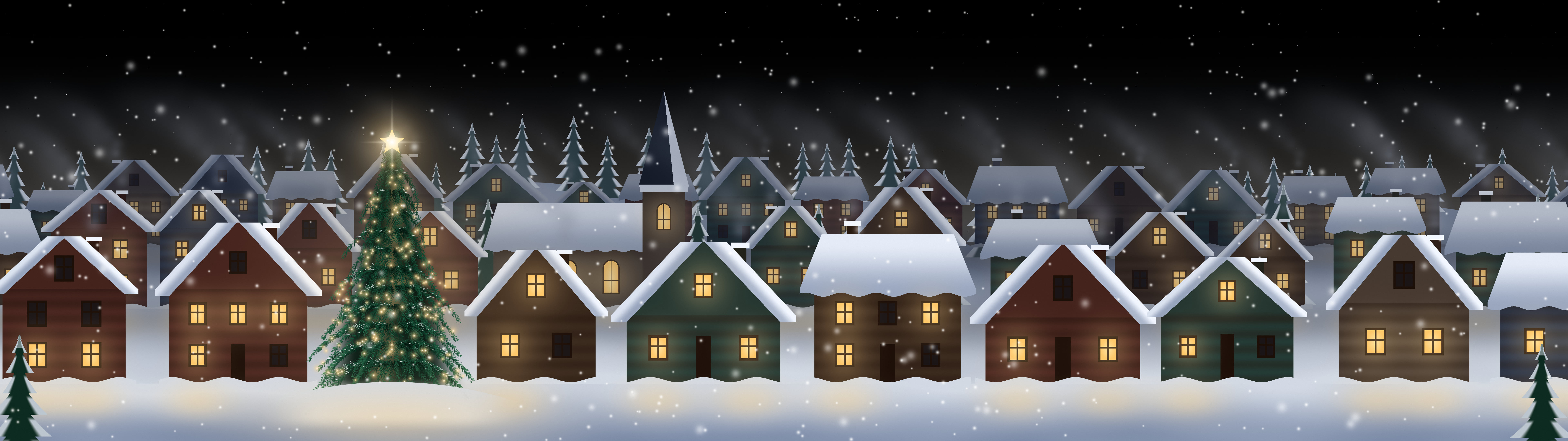 Black Snowy Christmas Village dual monitor wallpaper, 7680 × 2160