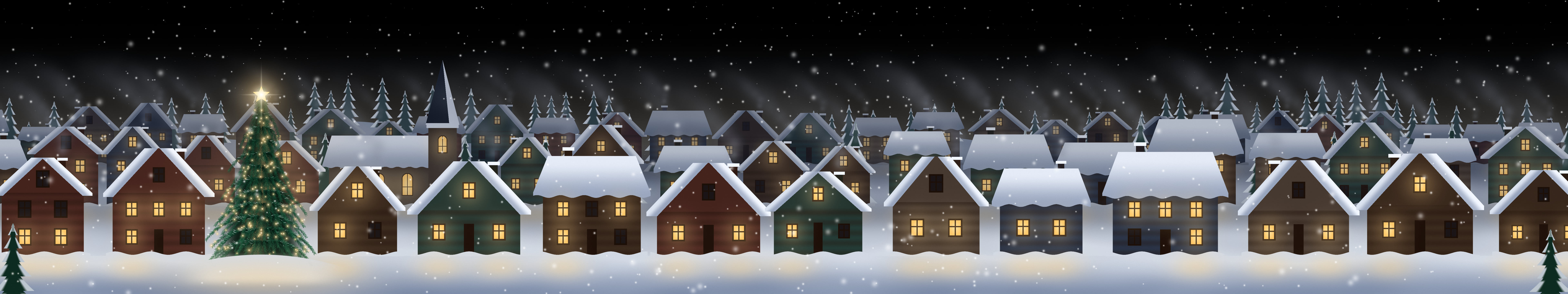 Black Snowy Christmas Village triple monitor wallpaper, 7680 × 1440