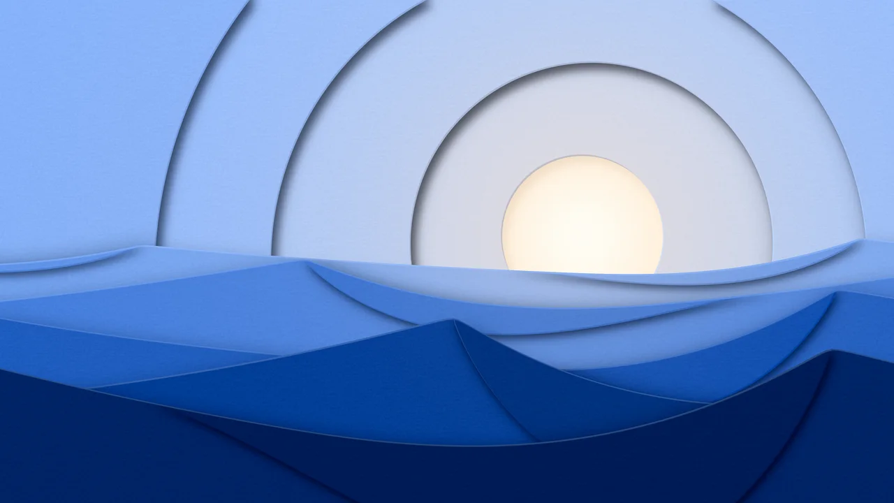 Blue 3D Paper Cut Desert Dunes at Sunset desktop wallpaper in 4K