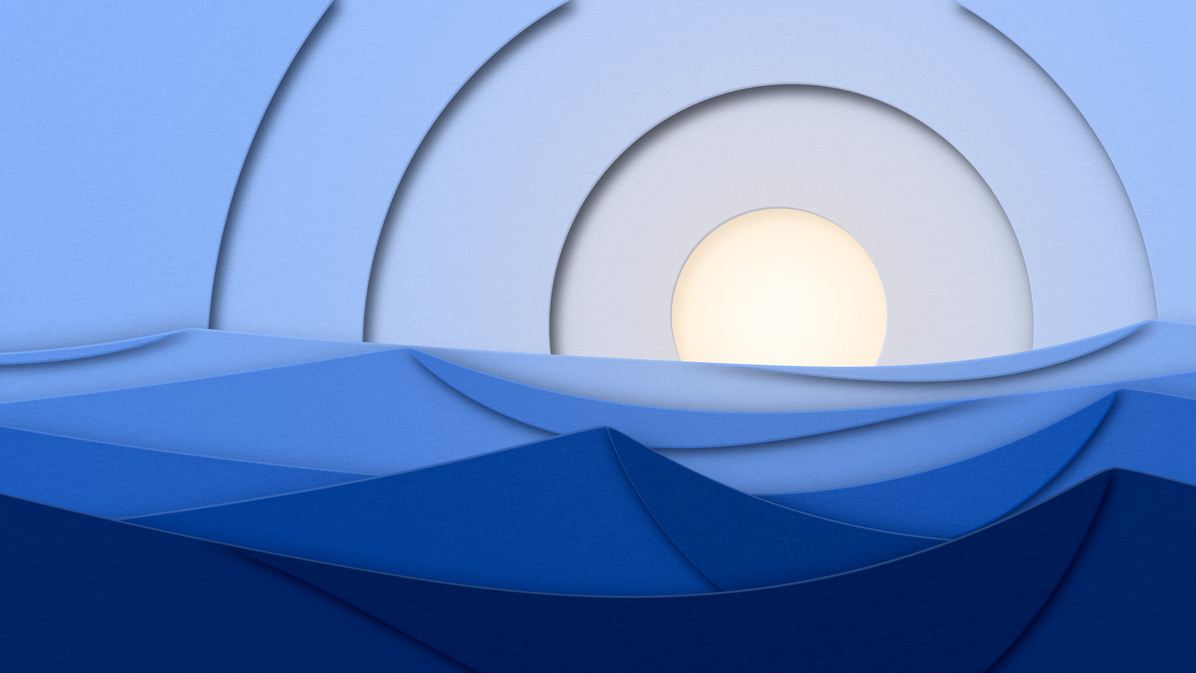 Blue 3D Paper Cut Desert Dunes at Sunset desktop wallpaper in 4K