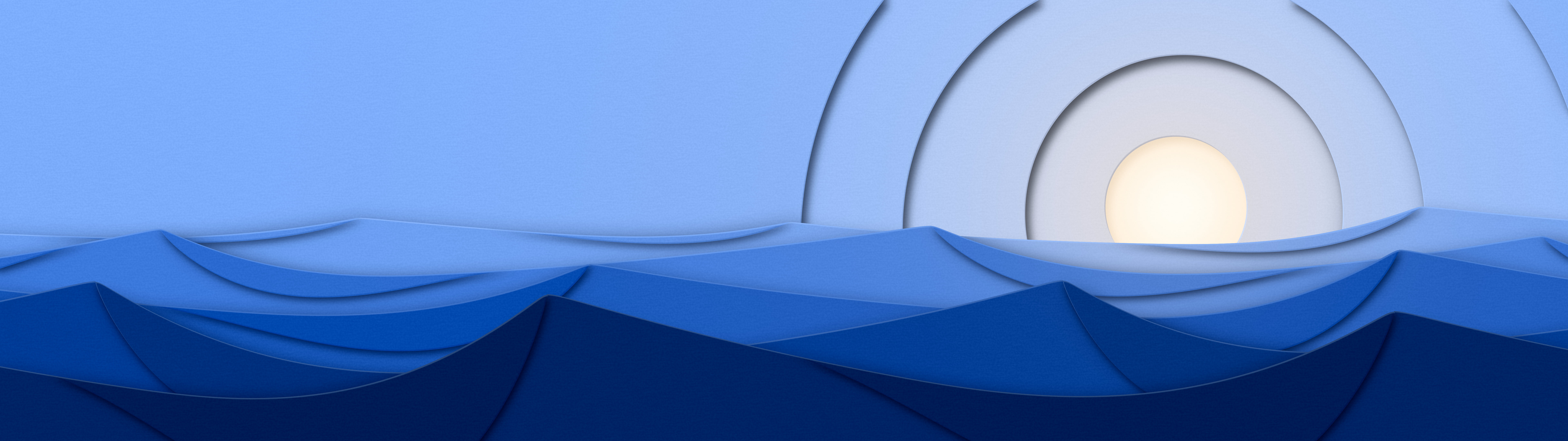 Blue 3D Paper Cut Desert Dunes at Sunset dual monitor wallpaper, 7680 × 2160